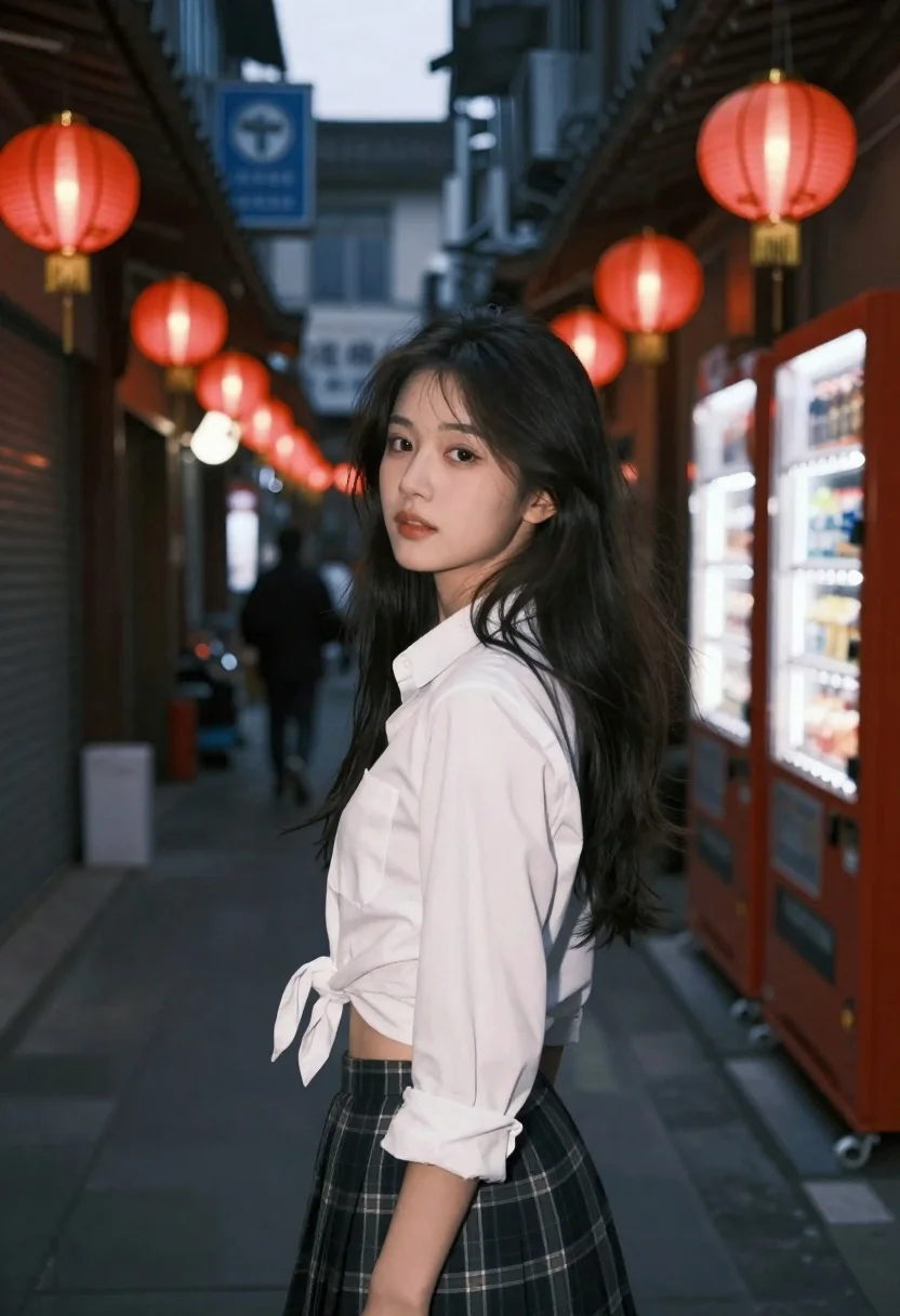 Young Woman With Long Dark Hair Stands Narrow Dimly Lit