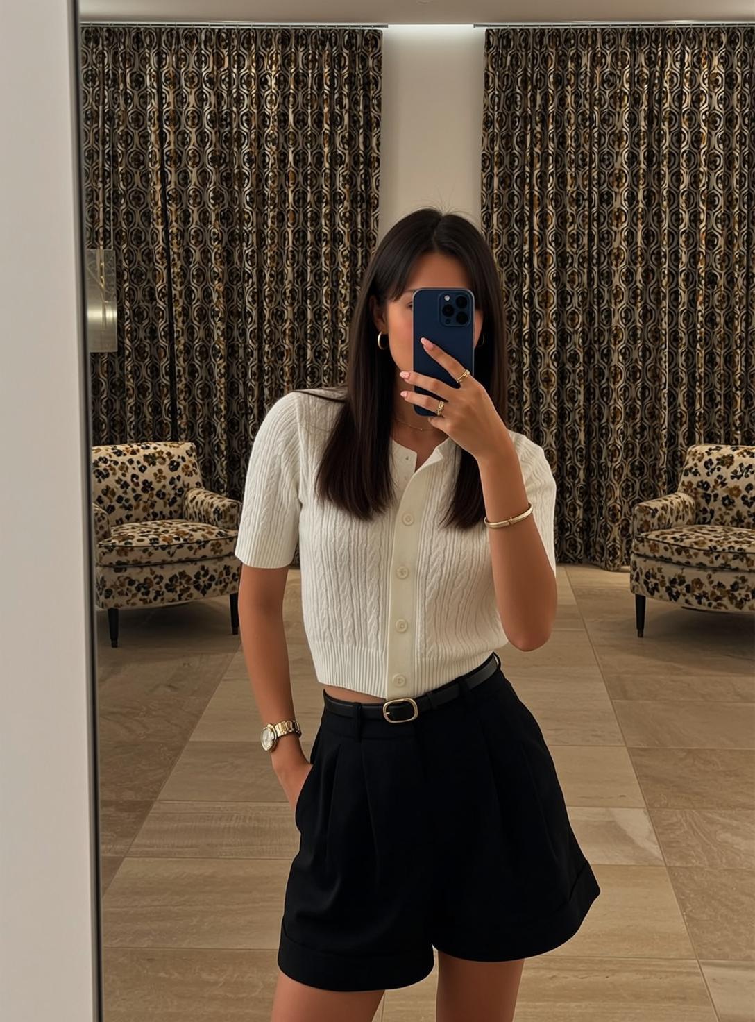 Hotel Room Selfie Blue Phone Gold Jewelry
