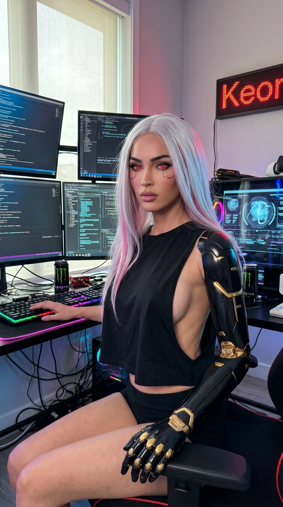 Cyberpunk Hacker Room Megan Fox Cosplayer Desktop Setup