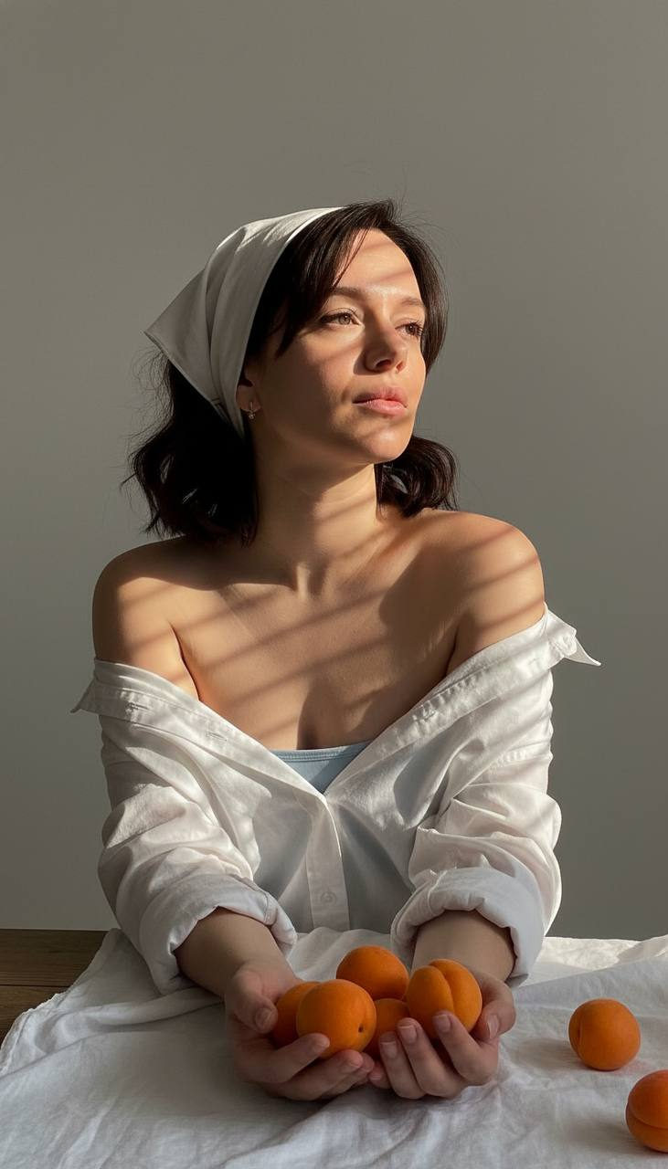 A woman with curly hair in a light headscarf, seated at a table holding apricots, with dramatic side lighting enhancing her features.