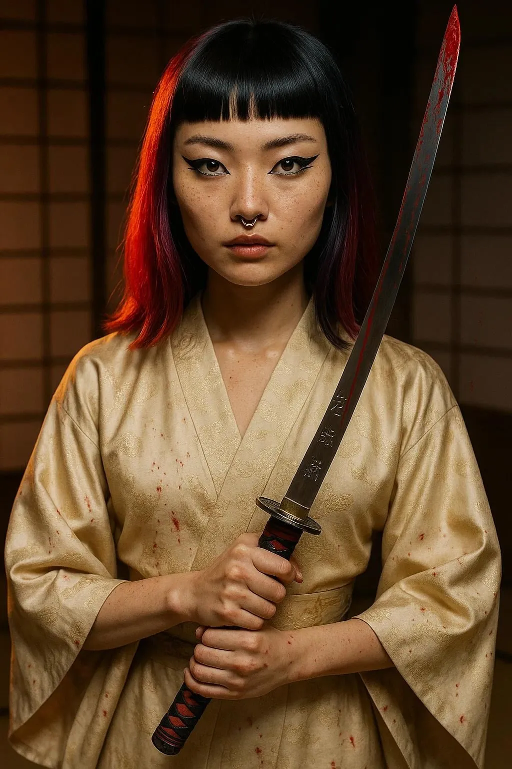 Assassin Portrait Cream Kimono Katana Dim Japanese Interior