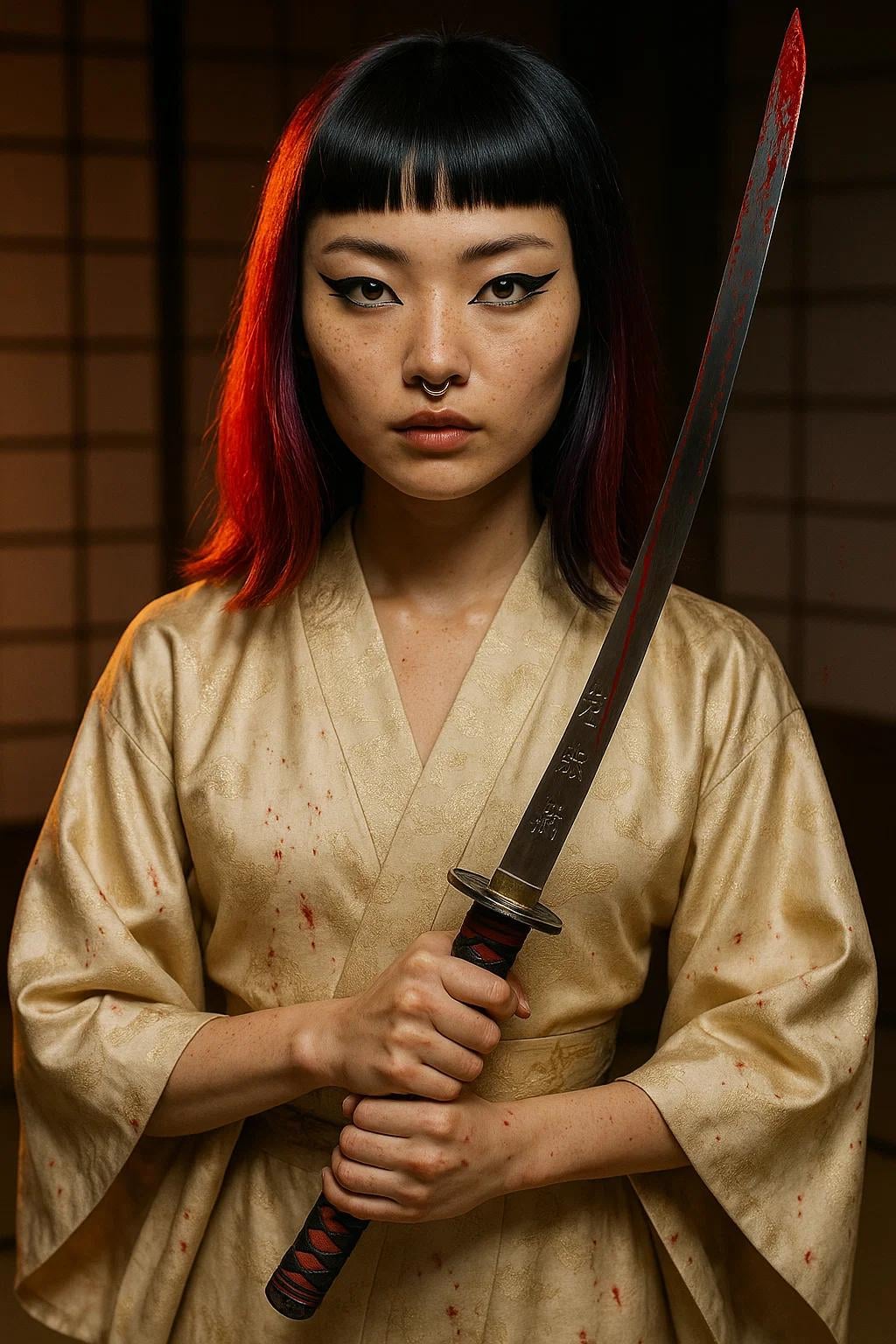 Assassin Portrait Cream Kimono Katana Dim Japanese Interior