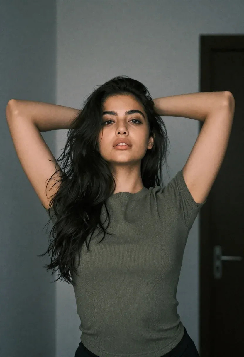 Confident Young Woman With Long Dark Hair Posing Indoors With