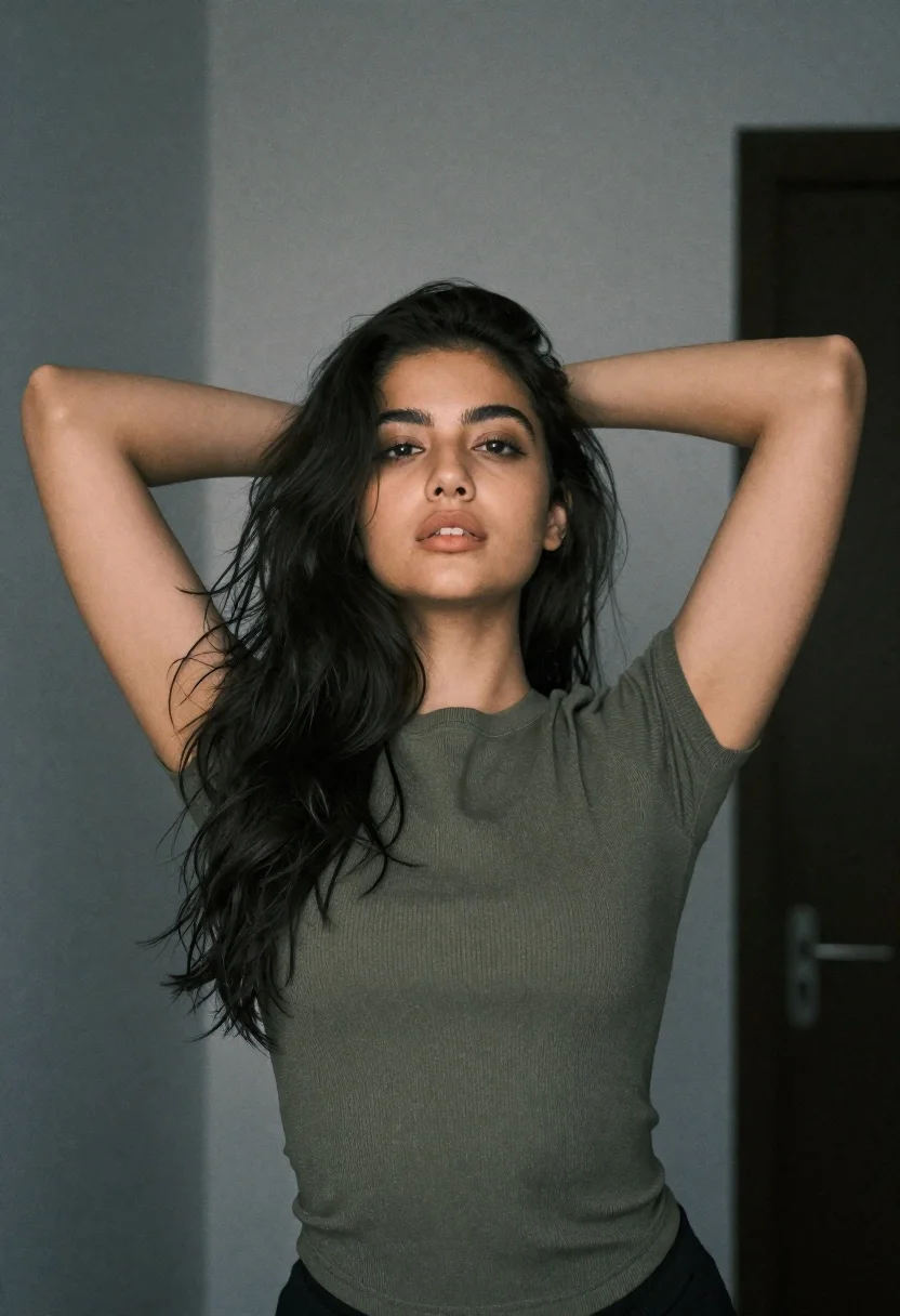 Confident Young Woman With Long Dark Hair Posing Indoors With reference photo