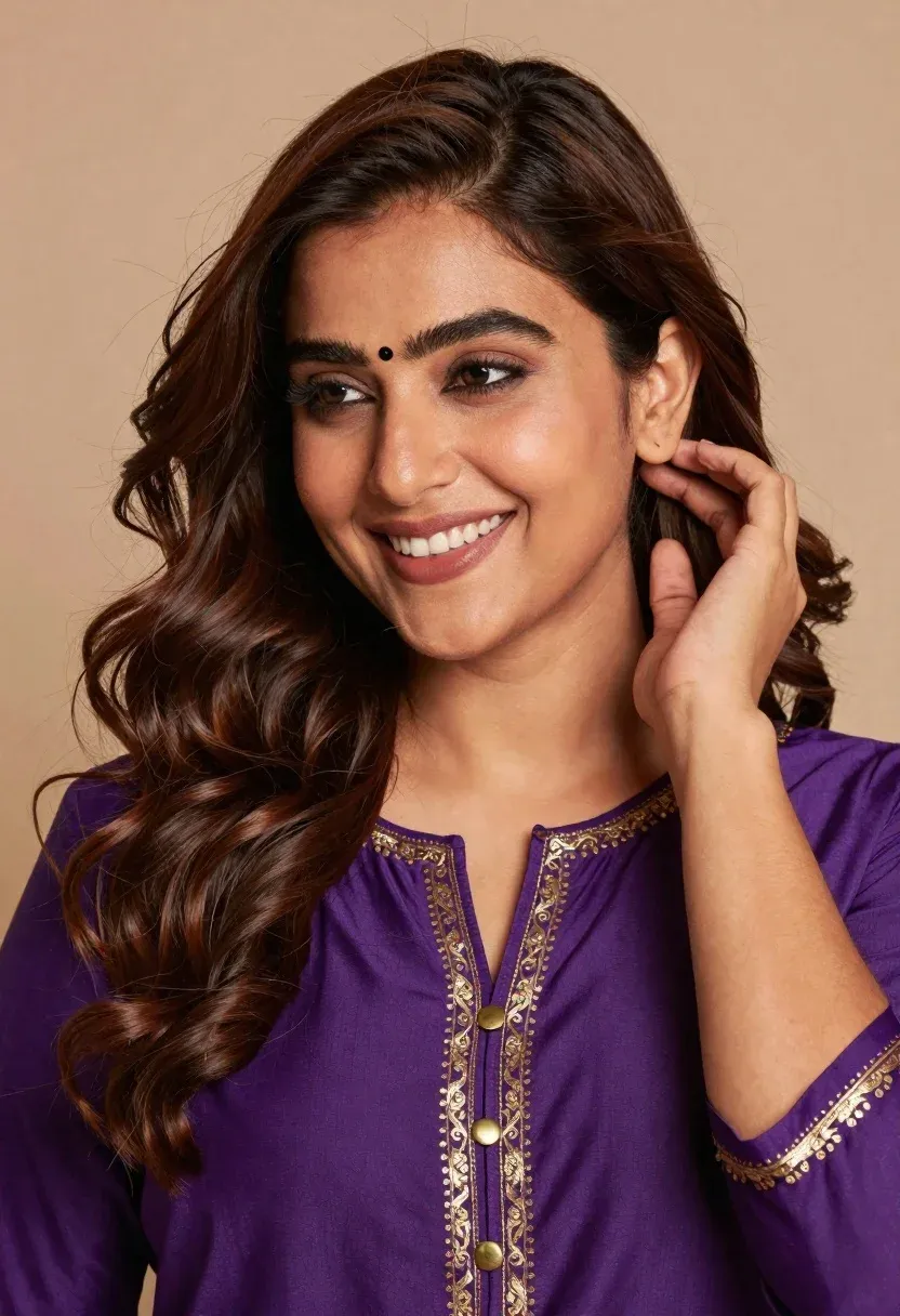 Close-up Portrait Smiling Woman With Long Wavy Brown Hair And