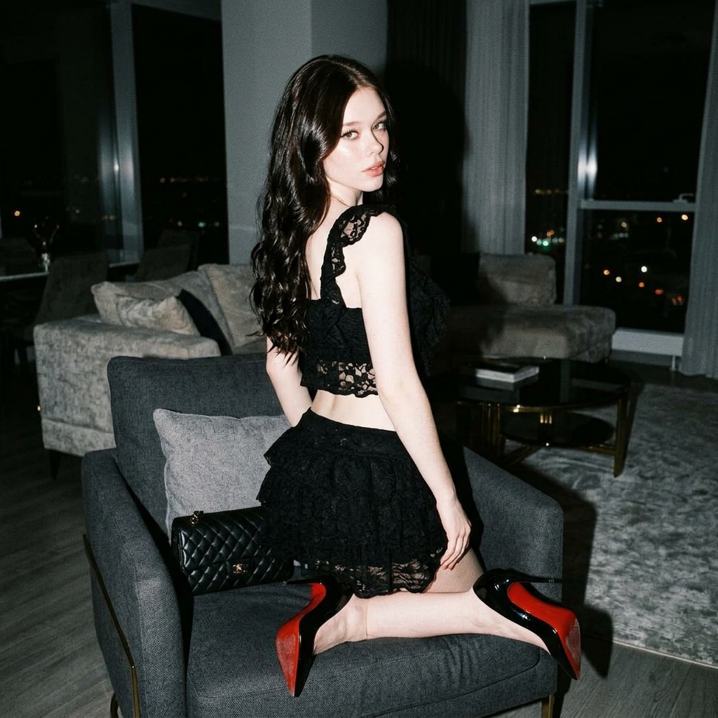 A stunning model with long dark wavy hair in a lace outfit, elegantly seated on a plush grey armchair, exuding confidence in a dimly lit luxury room.