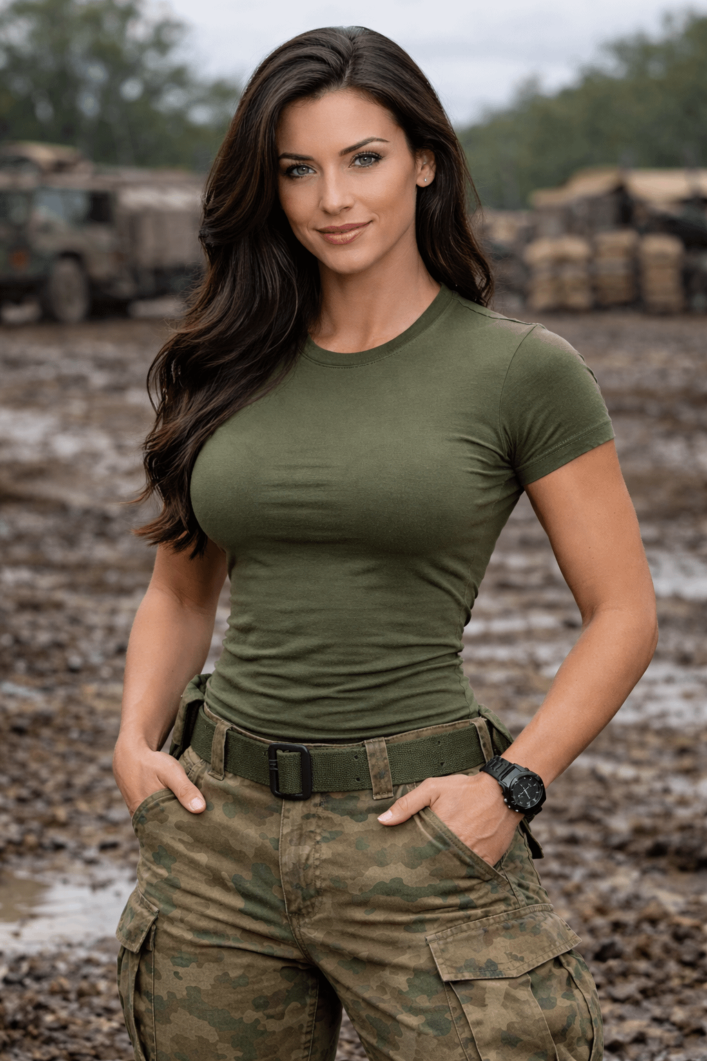 Olive Green T Shirt Camouflage Cargo Pants Outdoor Scene