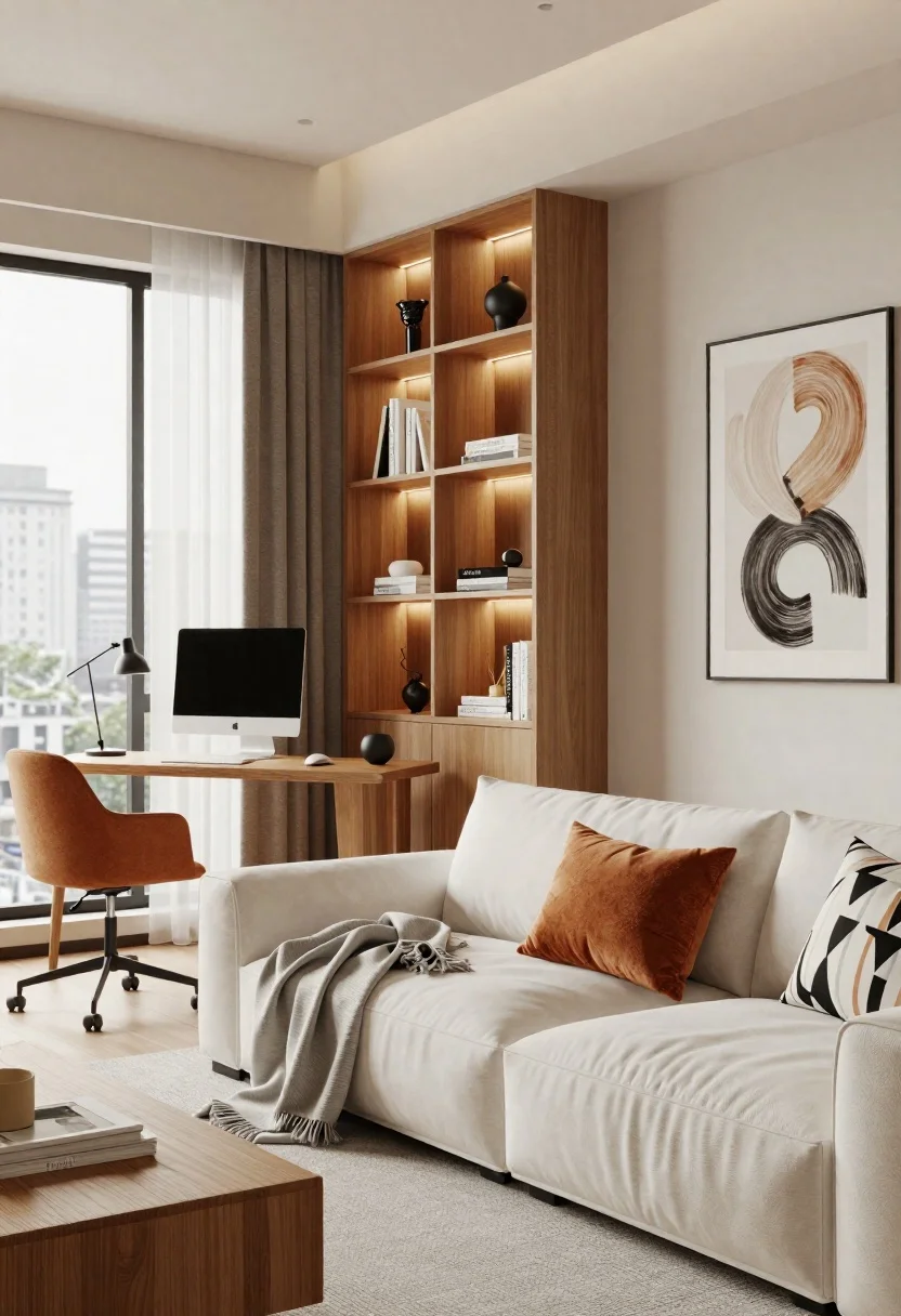 Interior Design Render Cozy Modern Living Room And Home Office reference photo