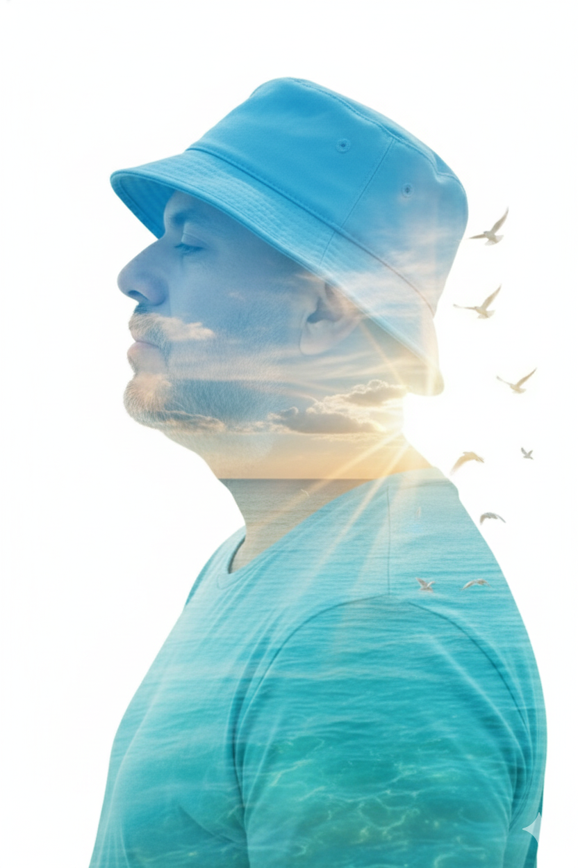 Double exposure portrait of a man in profile, blending with a serene sea and blue sky, wearing a light blue t-shirt and bucket hat, surrounded by birds.