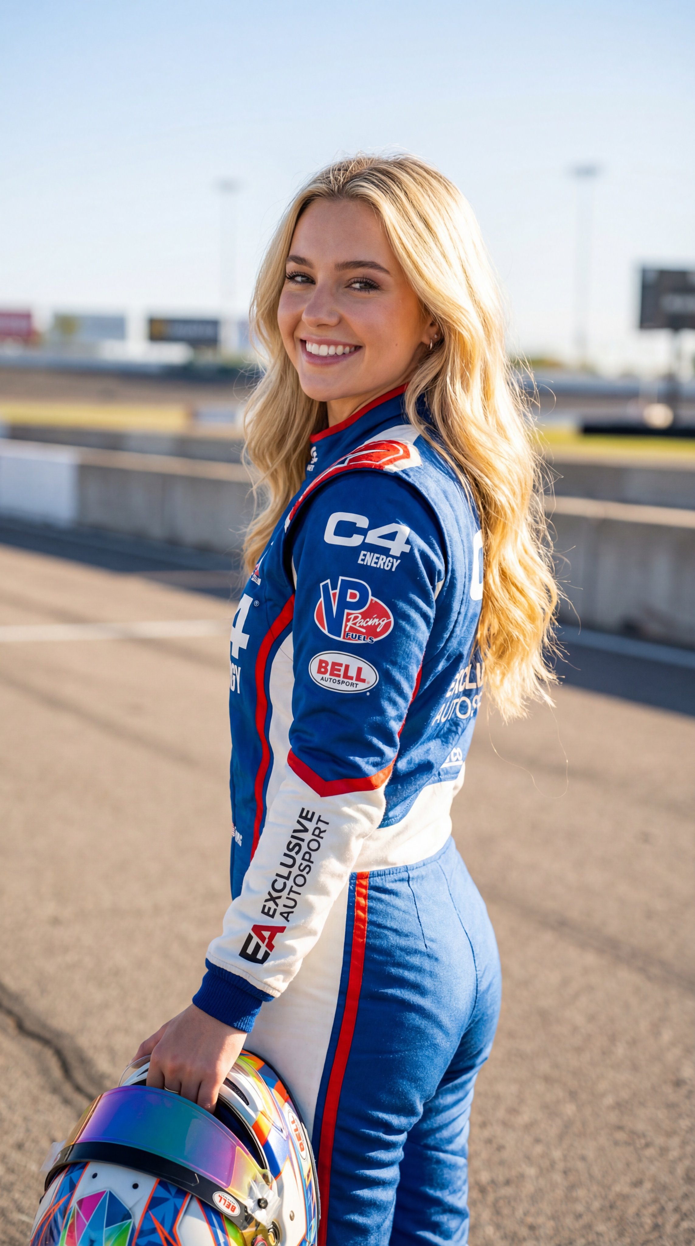 A vibrant portrait of a young female racing driver holding her helmet on an outdoor track, smiling warmly at the camera.
