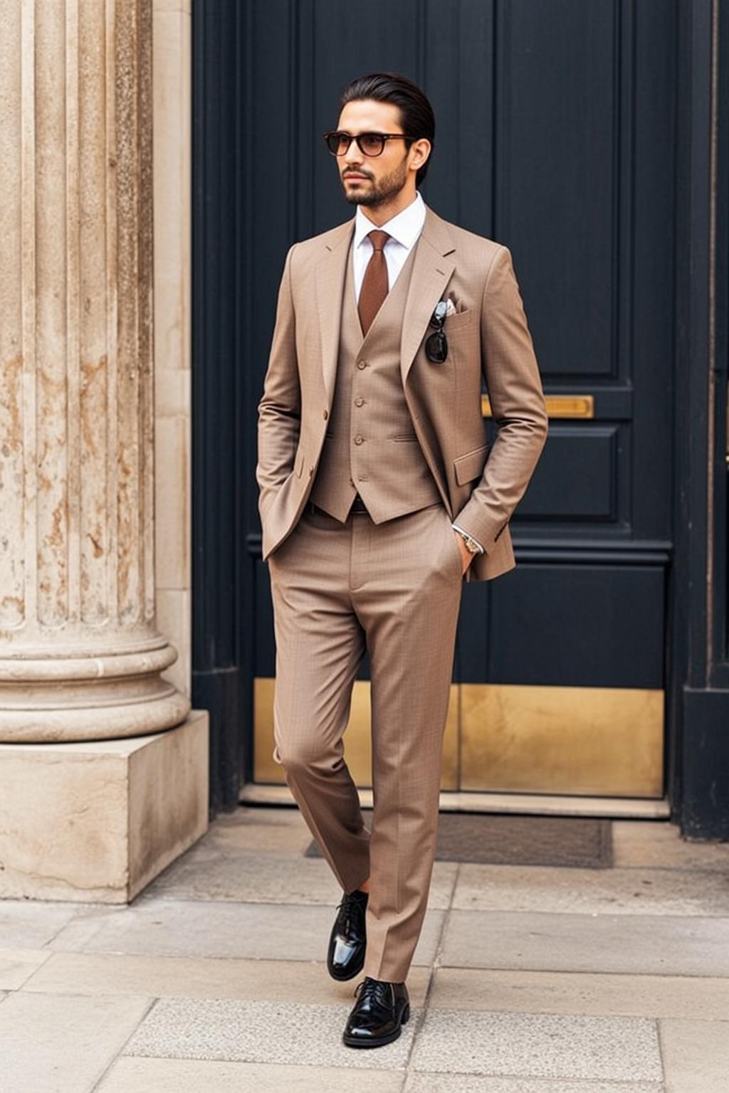Dark Slicked Back Tan White Dress Shirt