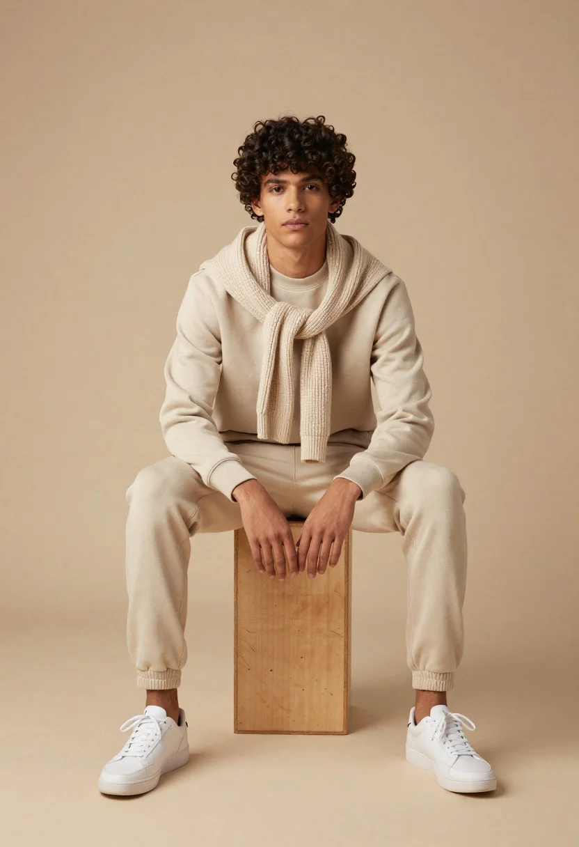 A young man with dark curly hair sitting on a wooden block, facing the camera with soft, diffused lighting creating an even glow.