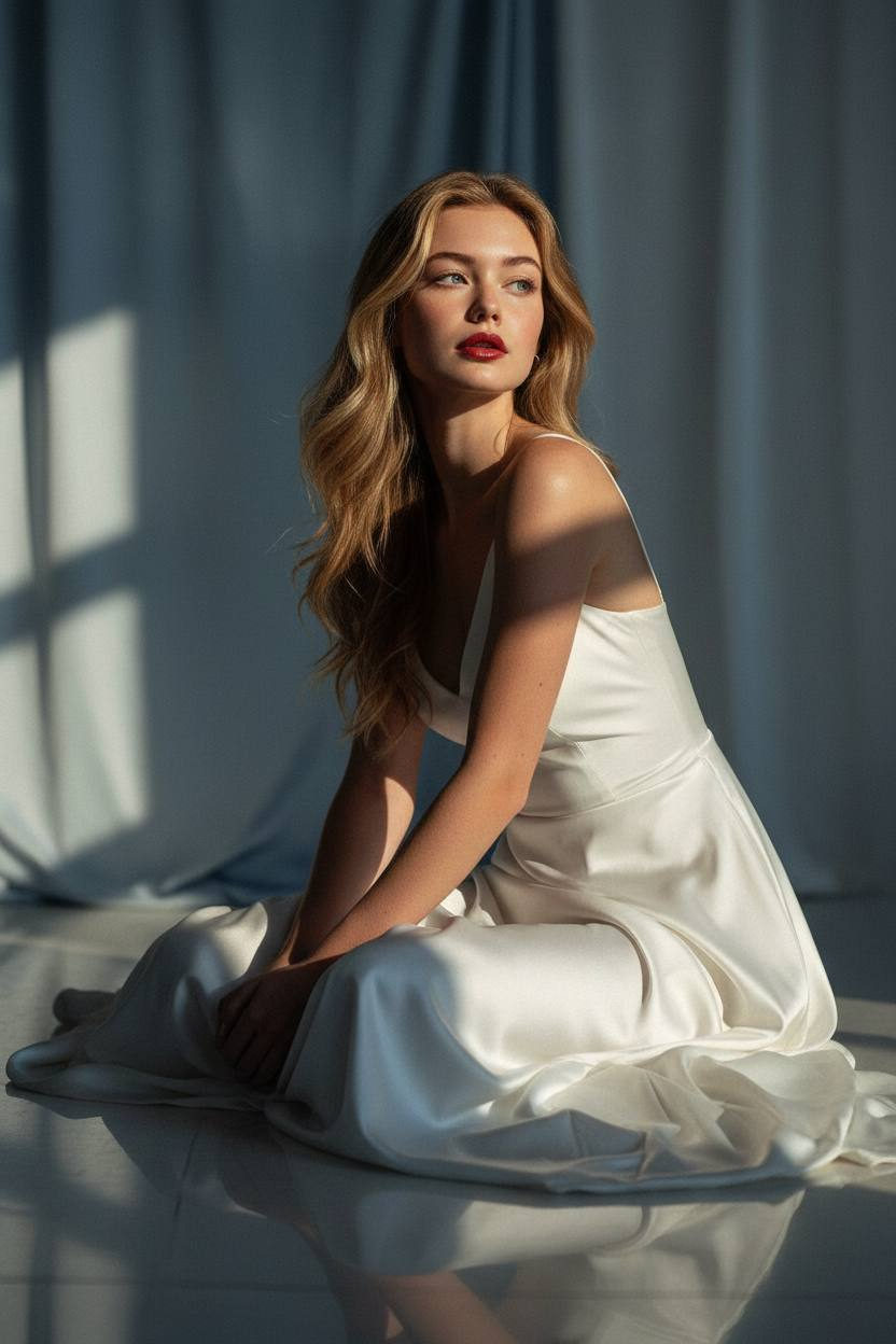 Elegant model in floor-length satin dress, gracefully sitting on the floor with soft curls and plump red lips, draped fabric background.
