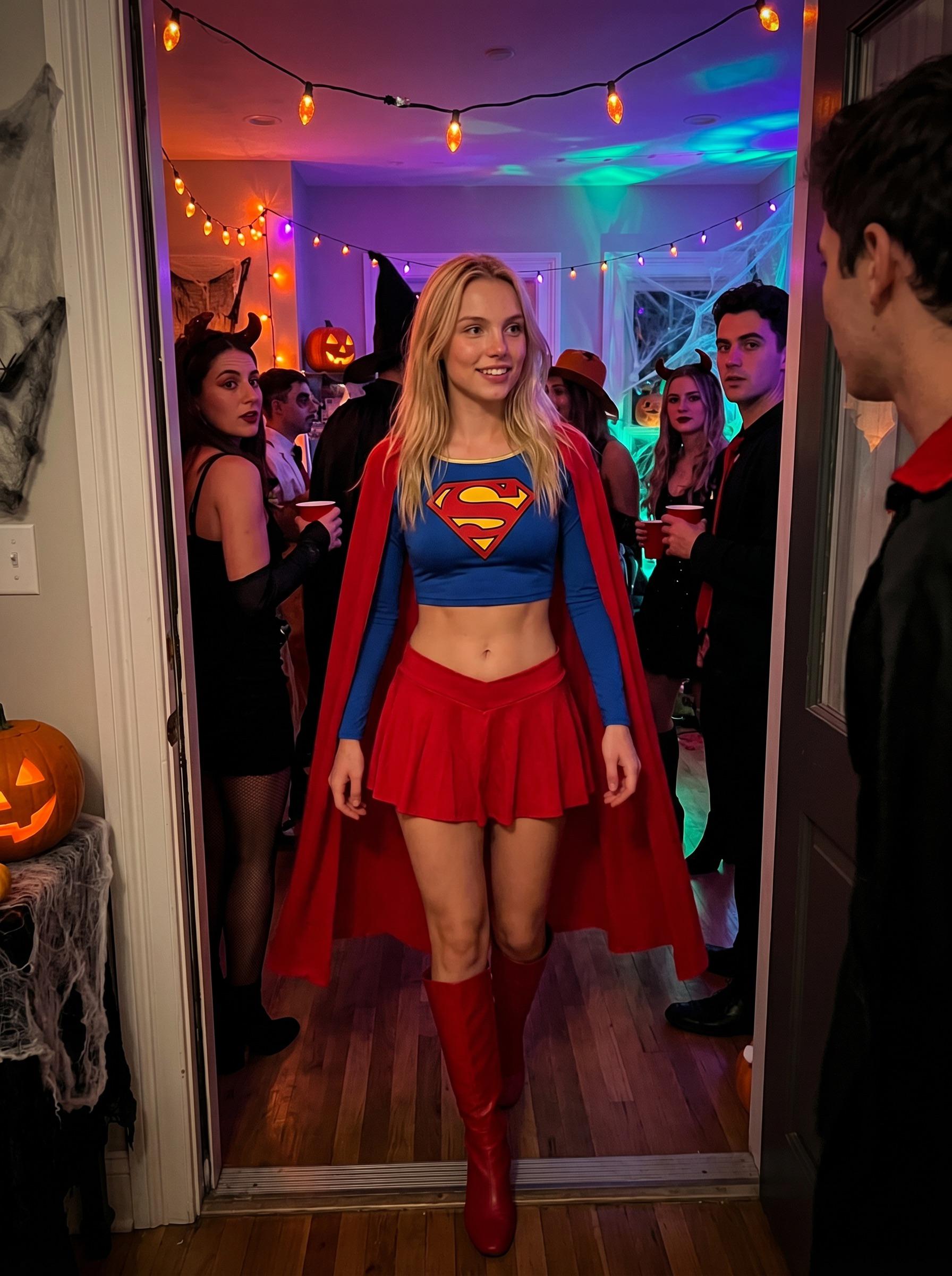 Supergirl Costume Halloween Party Doorway Dim Lights
