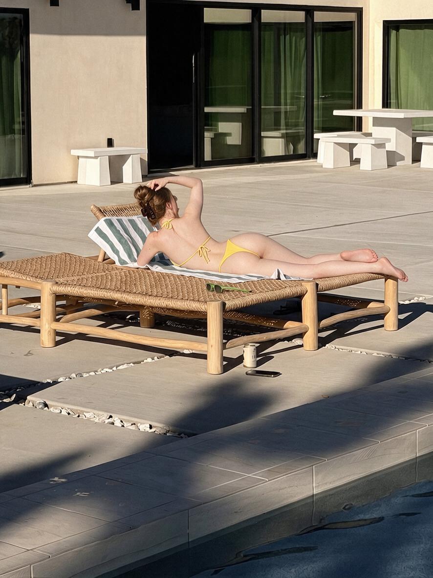Yellow String Bikini Sunbathing by Pool