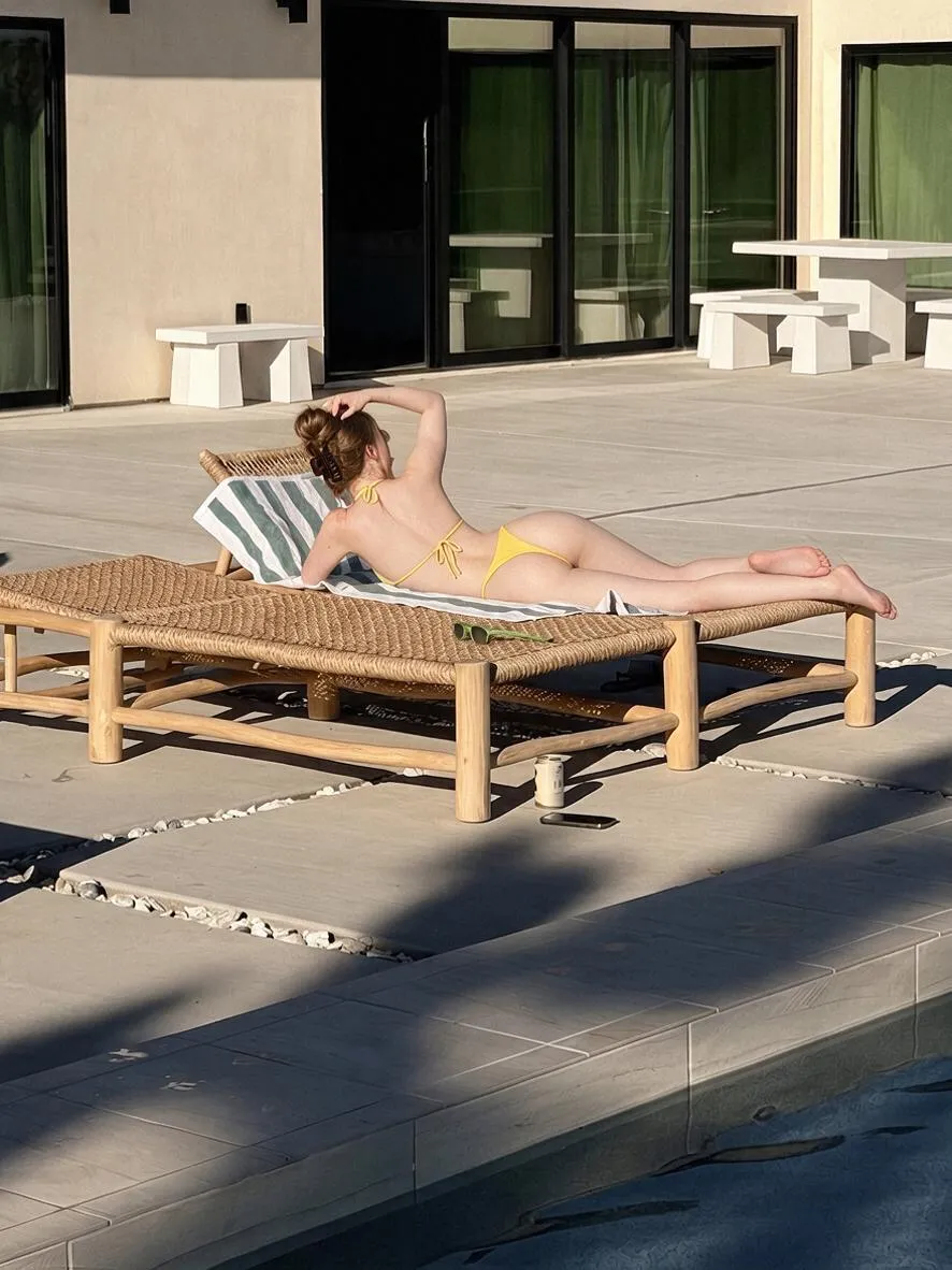 Yellow String Bikini Sunbathing by Pool