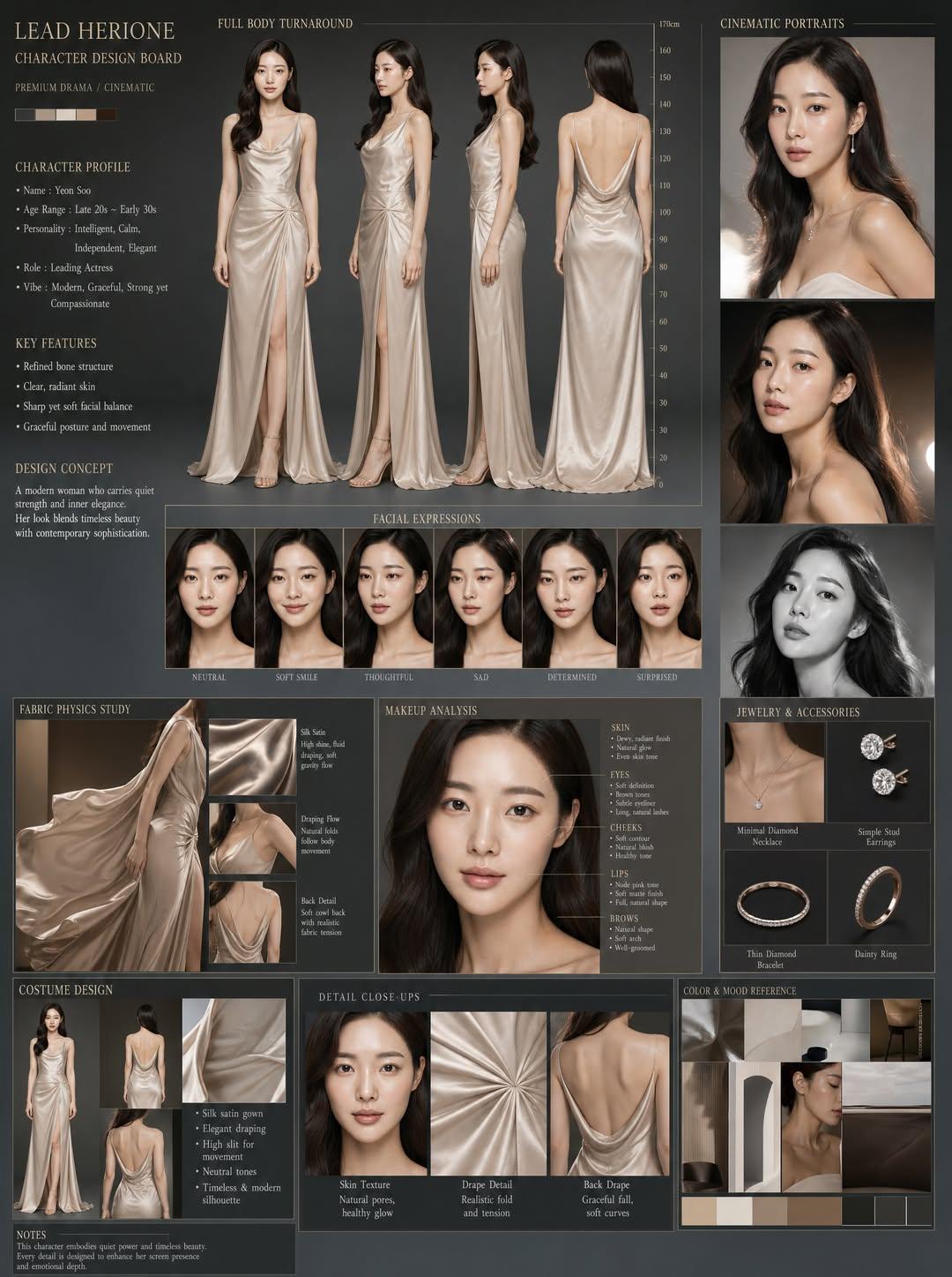 Champagne Silk Gown Character Design Board