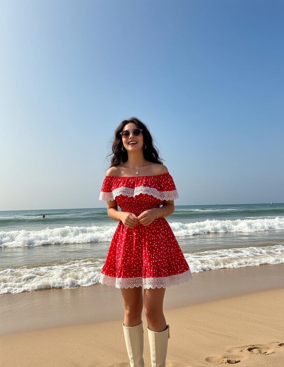 Red Polka Dot Beach Pose