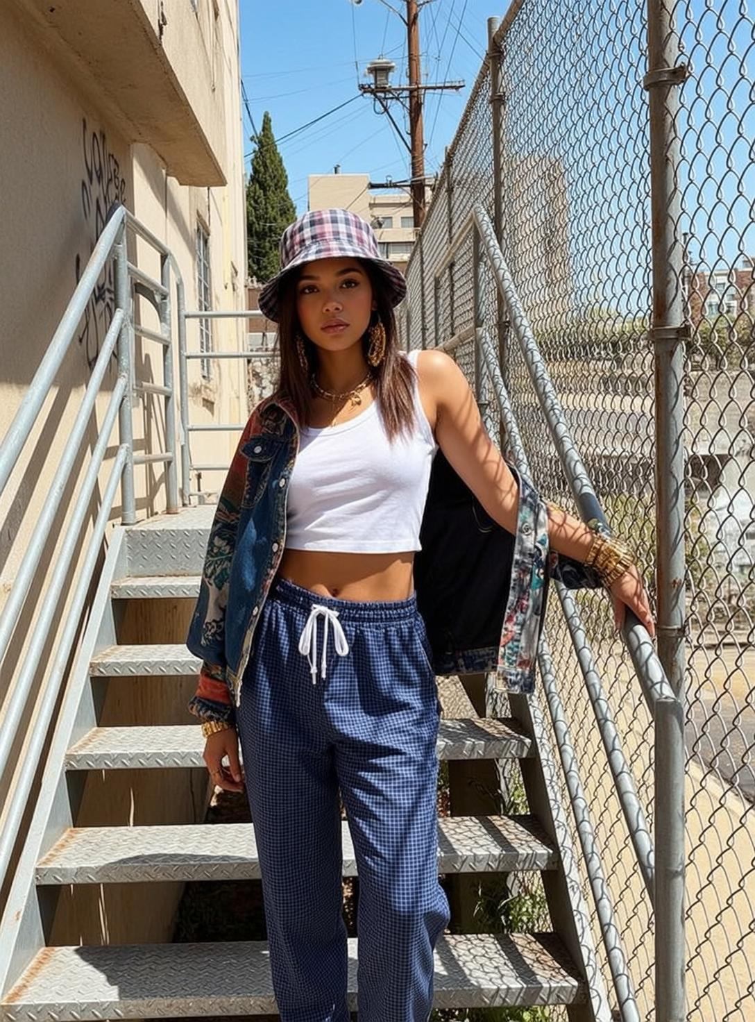 Denim Jacket Plaid Pants Alley Stairs