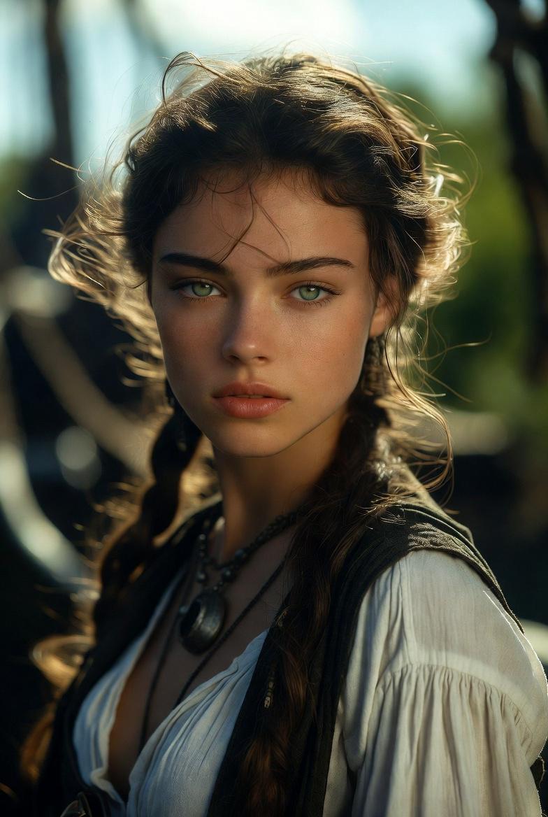 Close-up portrait of a person in a peasant-style shirt with soft golden hour light, dark vest, and rustic pendant.