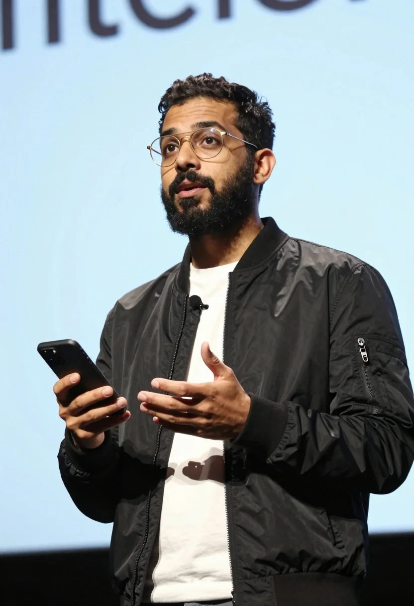 A man with dark hair and beard, wearing gold-rimmed glasses, gestures while holding a smartphone on stage.