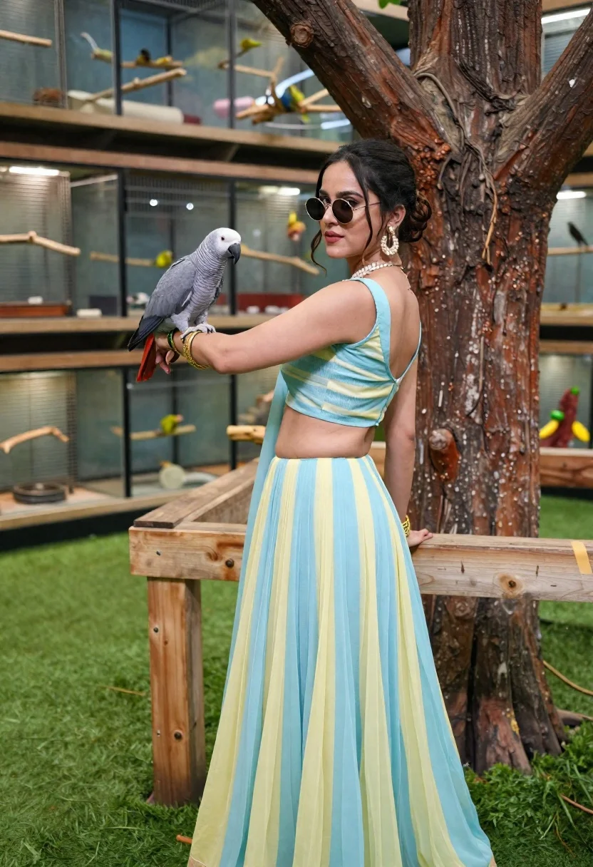 Woman Traditional Indian Outfit Stands Indoors Holding Grey Parrot Her reference photo