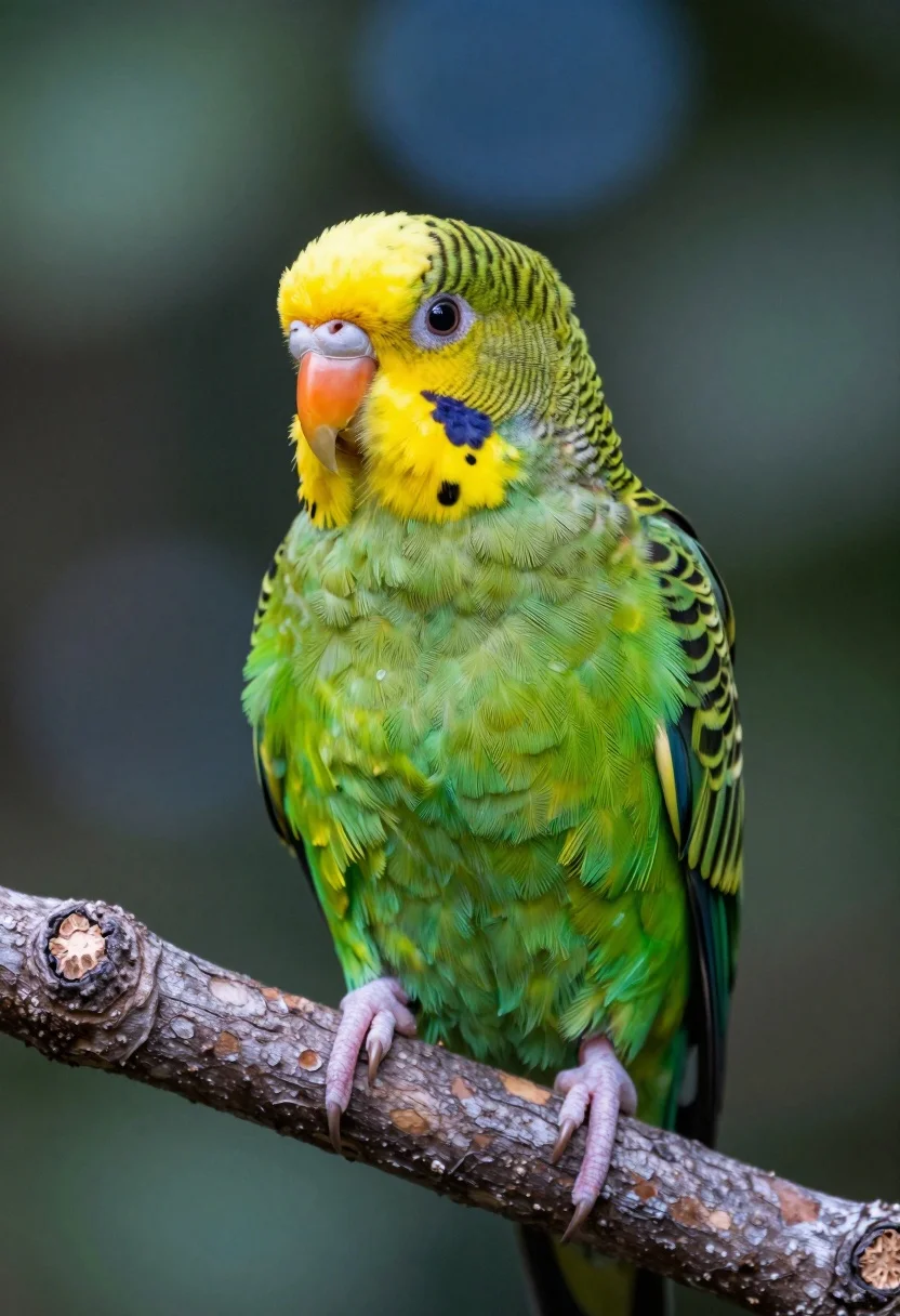 Close-up Portrait Small Green Parrot Perched Rough Tree Branch Subject