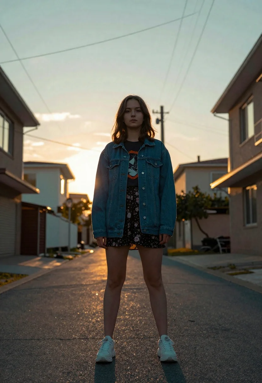 A young woman stands confidently in the middle of a quiet residential street, illuminated by warm sunset light.