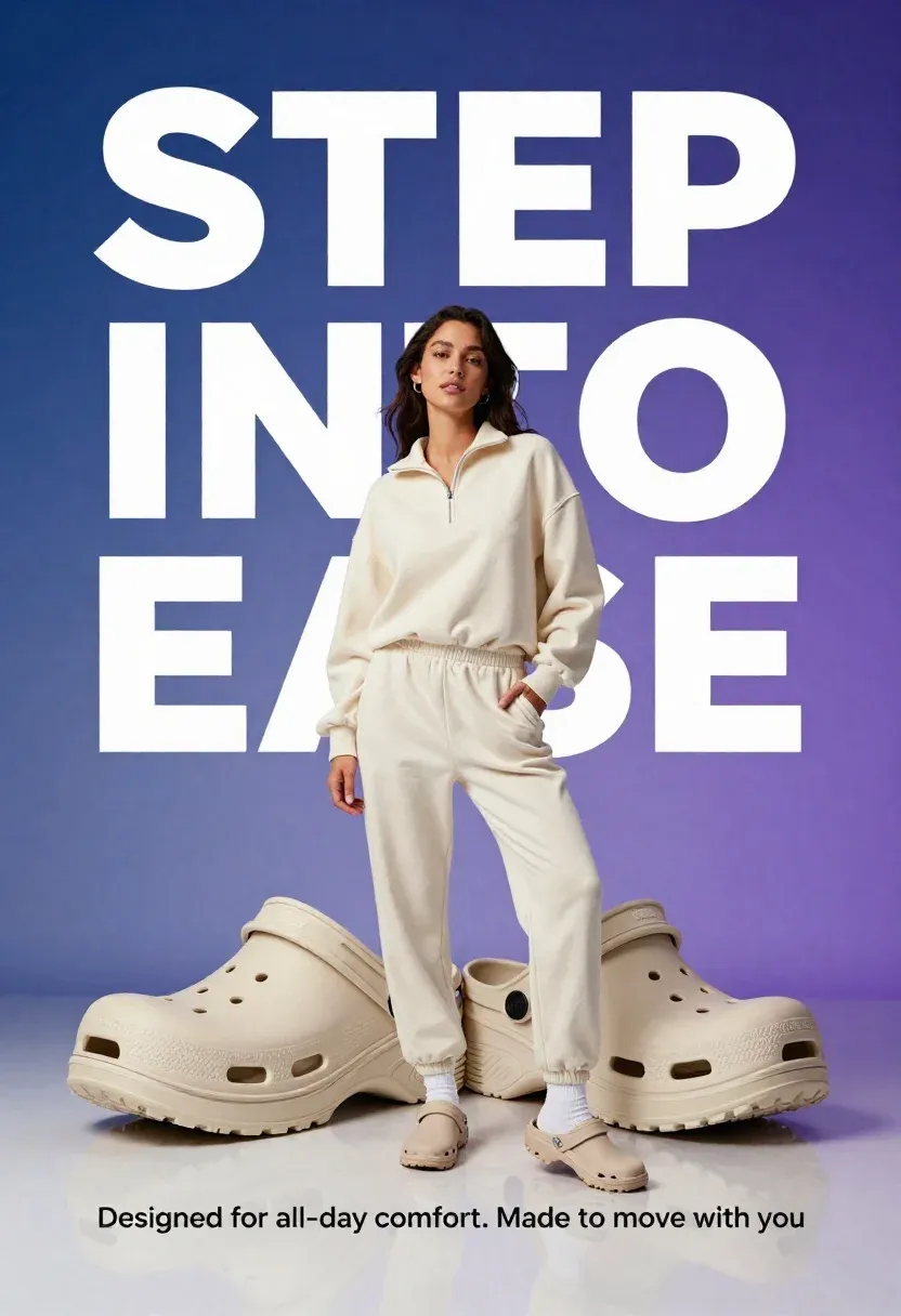 Young Woman Stands Confidently Leaning Against Pair Oversized Beige Clogs