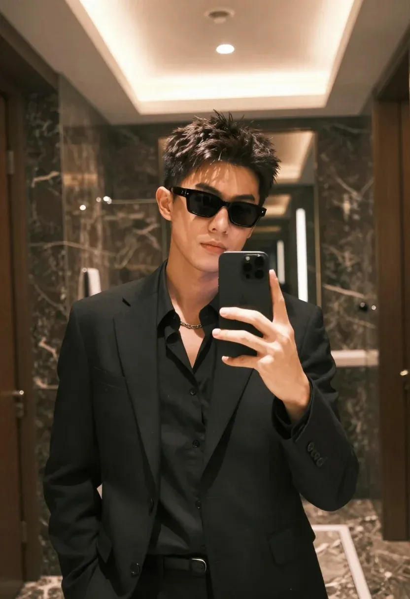 Man Takes Mirror Selfie Modern Bathroom Wearing Dark Sunglasses And