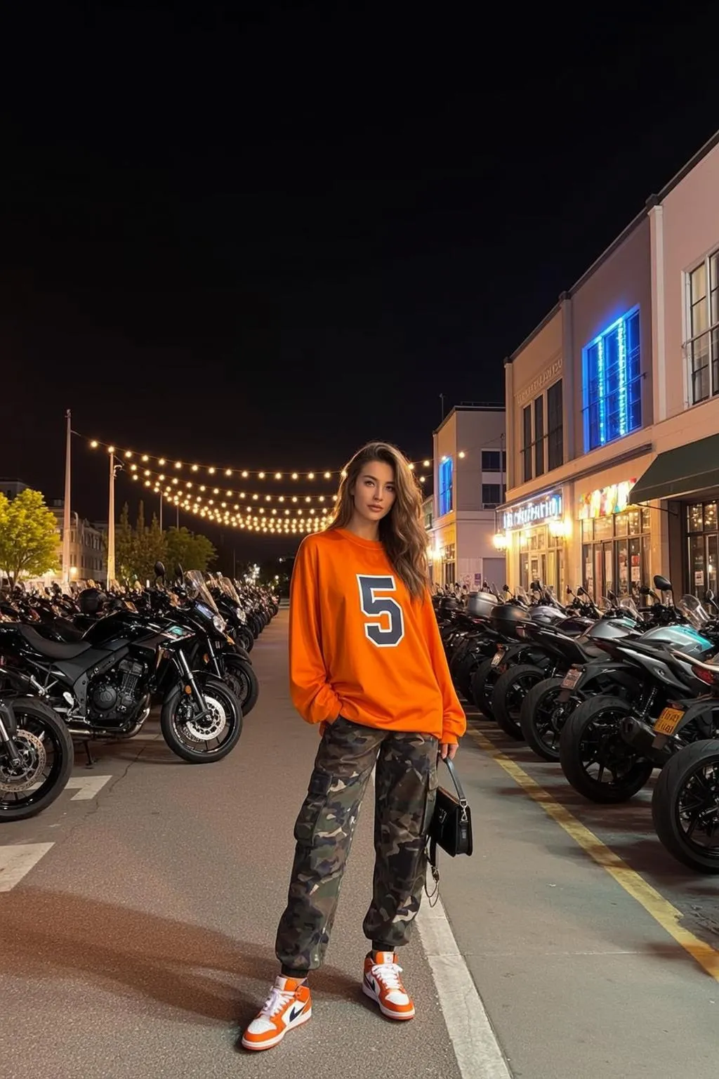 Orange Sweatshirt Camouflage Pants Night Street Motorcycles