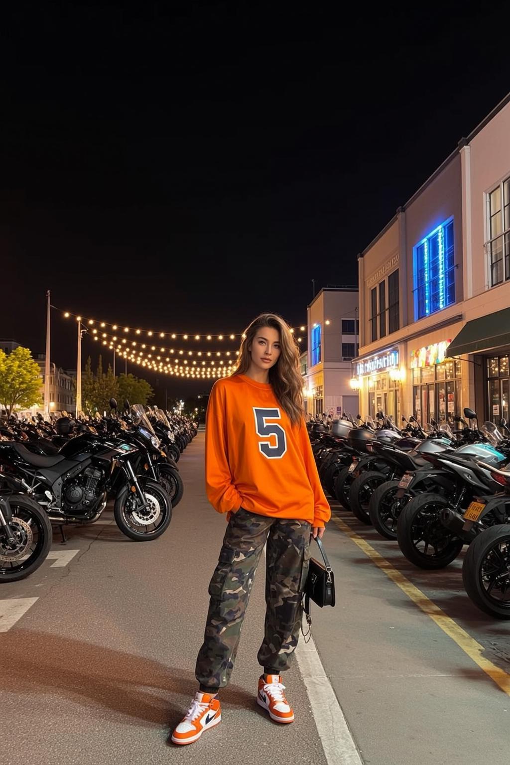 Orange Sweatshirt Camouflage Pants Night Street Motorcycles