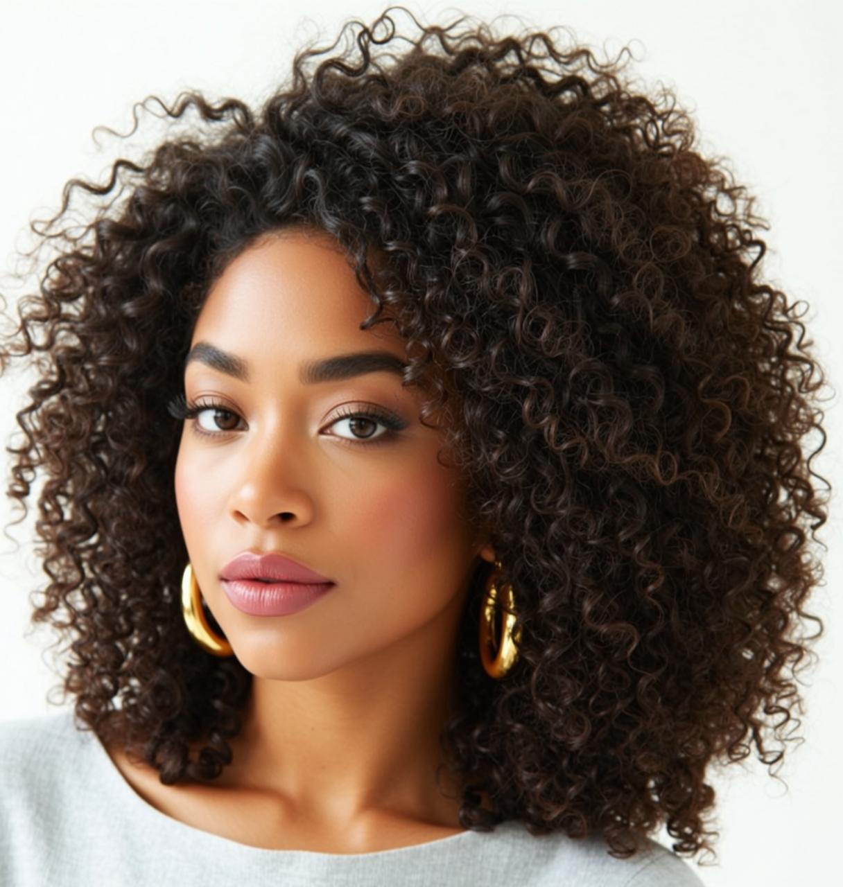 Curly Dark Hair Studio Portrait Gold Hoops