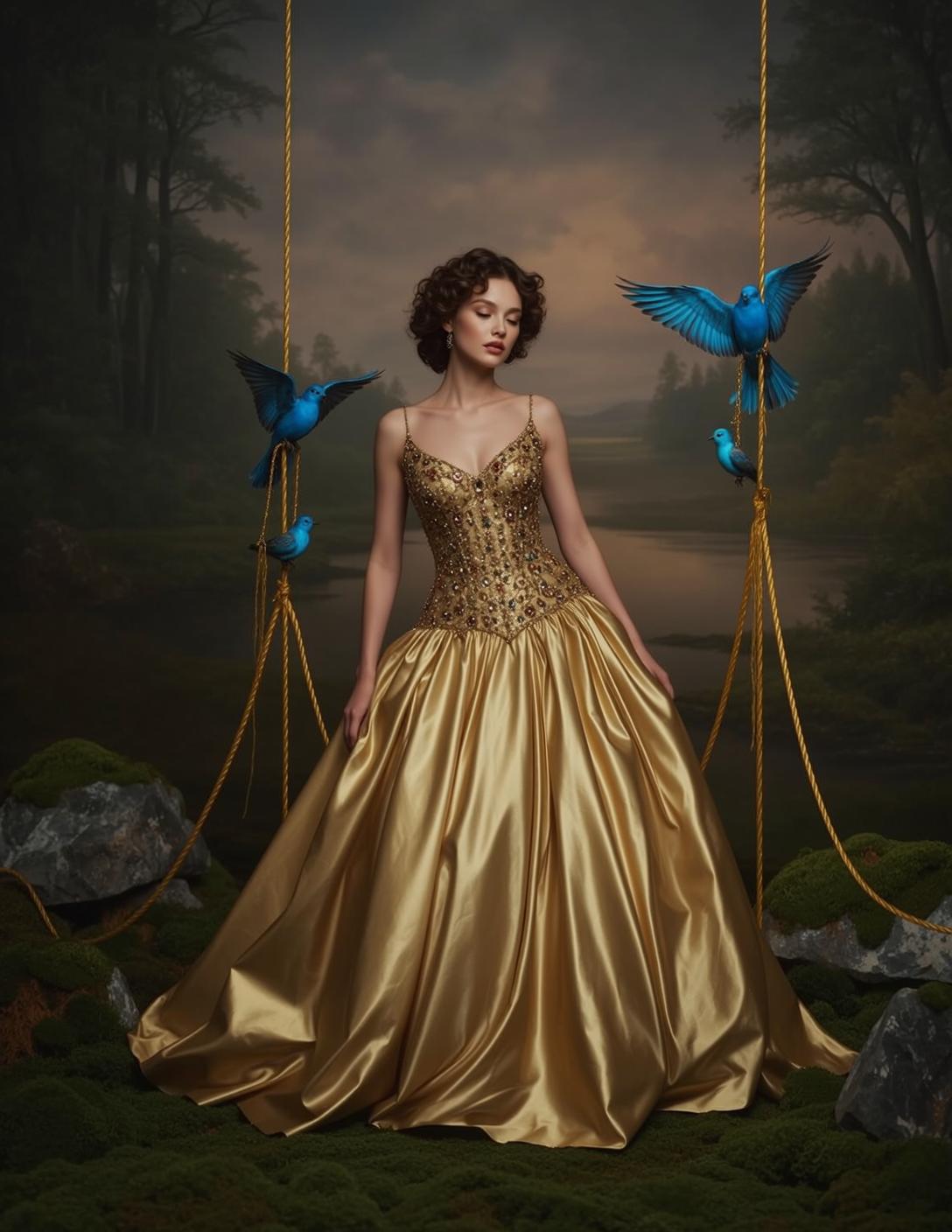 Gold Sequined Bodice Spaghetti and Gold Gown on Lake