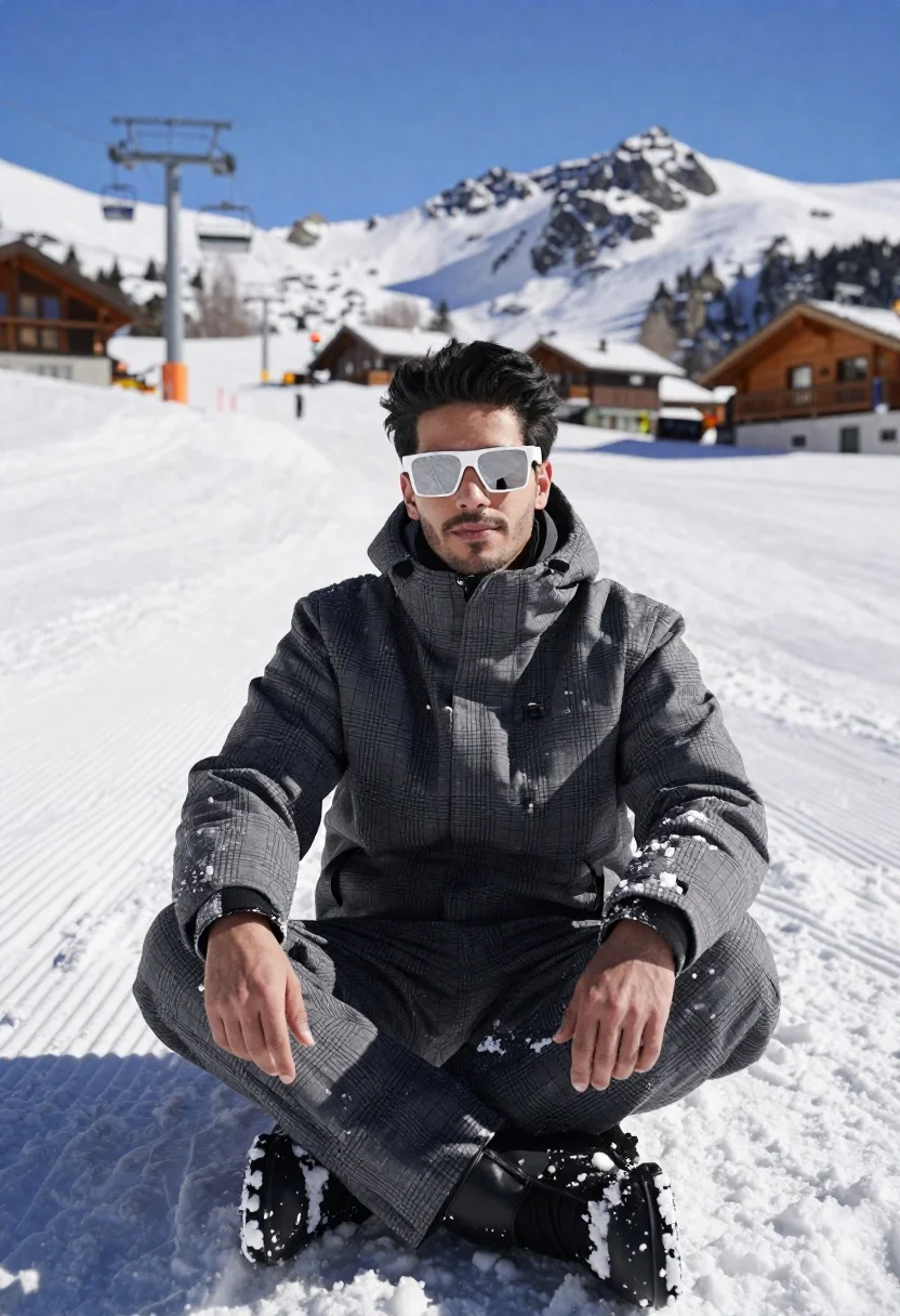 Handsome Man With Dark Hair Sits Cross-legged Deep Snow Under