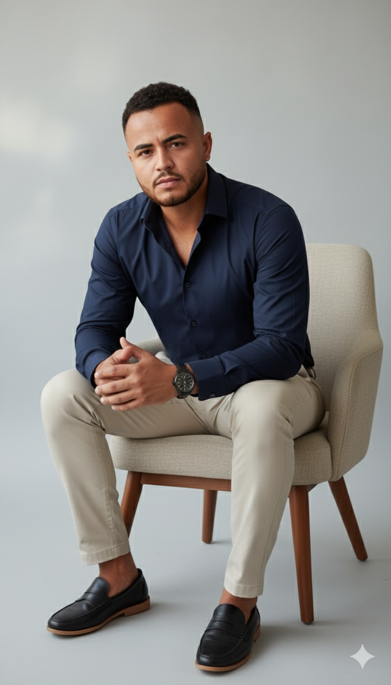 Confident man sitting on a beige armchair, dressed in navy shirt and beige pants, with intense gaze and trimmed beard.