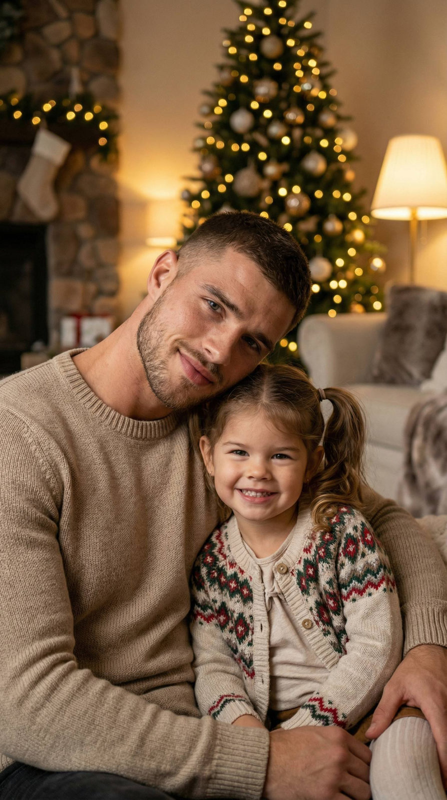 Ultra-realistic portrait of a father and daughter in a cozy Christmas living room, both smiling warmly with a decorated tree in the background.