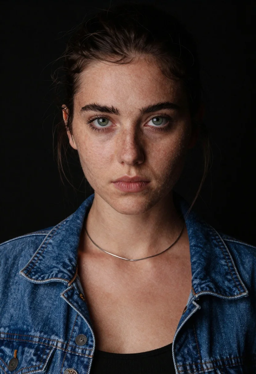 Close-up Studio Portrait Young Woman With Piercing Green Eyes And reference photo