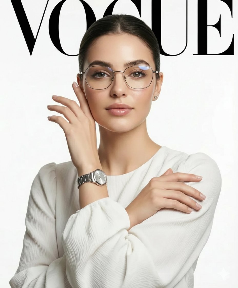 A high-definition fashion portrait of a model with a sleek bun, wearing thin-rimmed silver glasses and a white silk blouse, posed gracefully in a white studio.