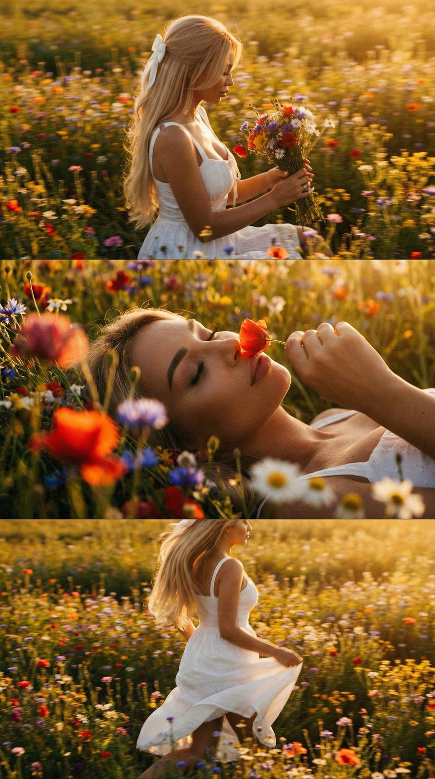 A girl in a white sundress sits in a vibrant field of wildflowers, holding a bouquet while bathed in warm golden light.