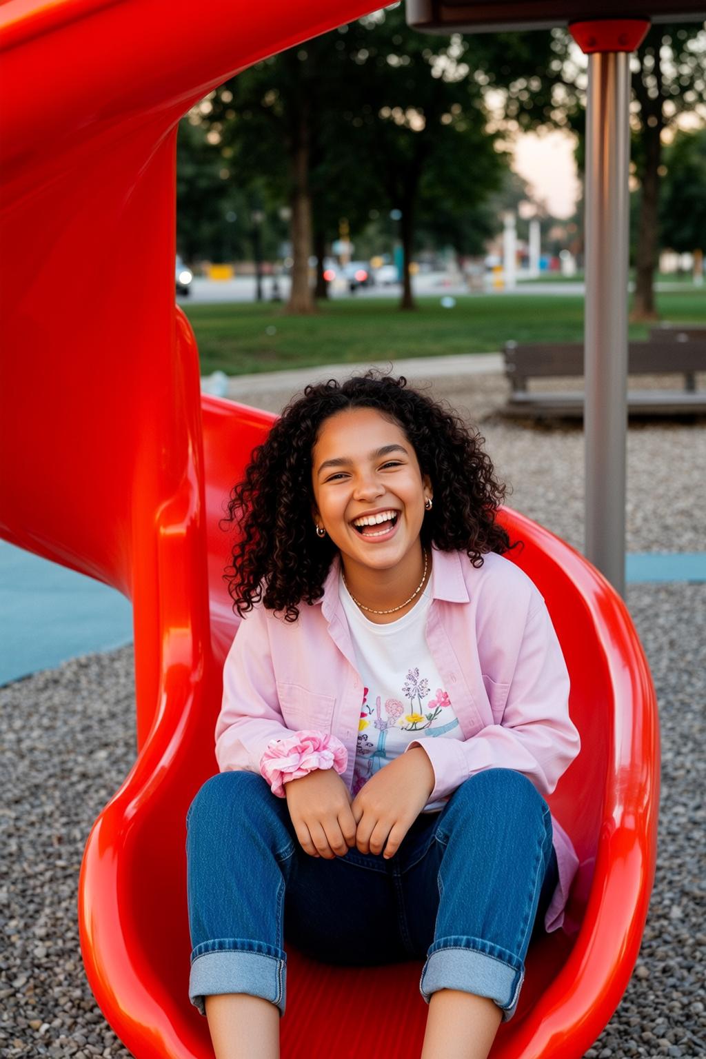 Explore Sitting Inside Bright Red Plastic Slide