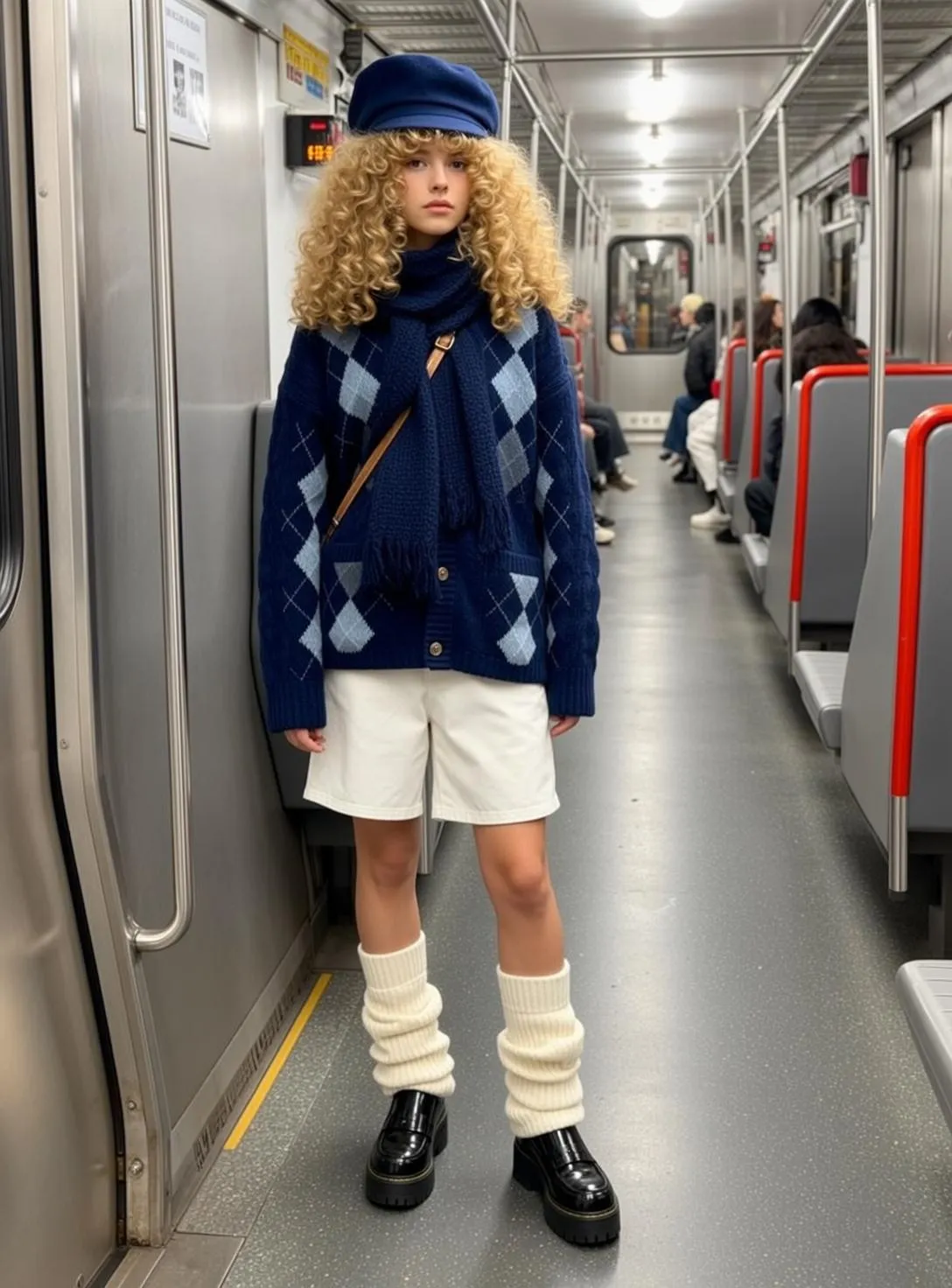 Navy Blue Scarf Navy Blue Argyle Inside Subway Train Gray