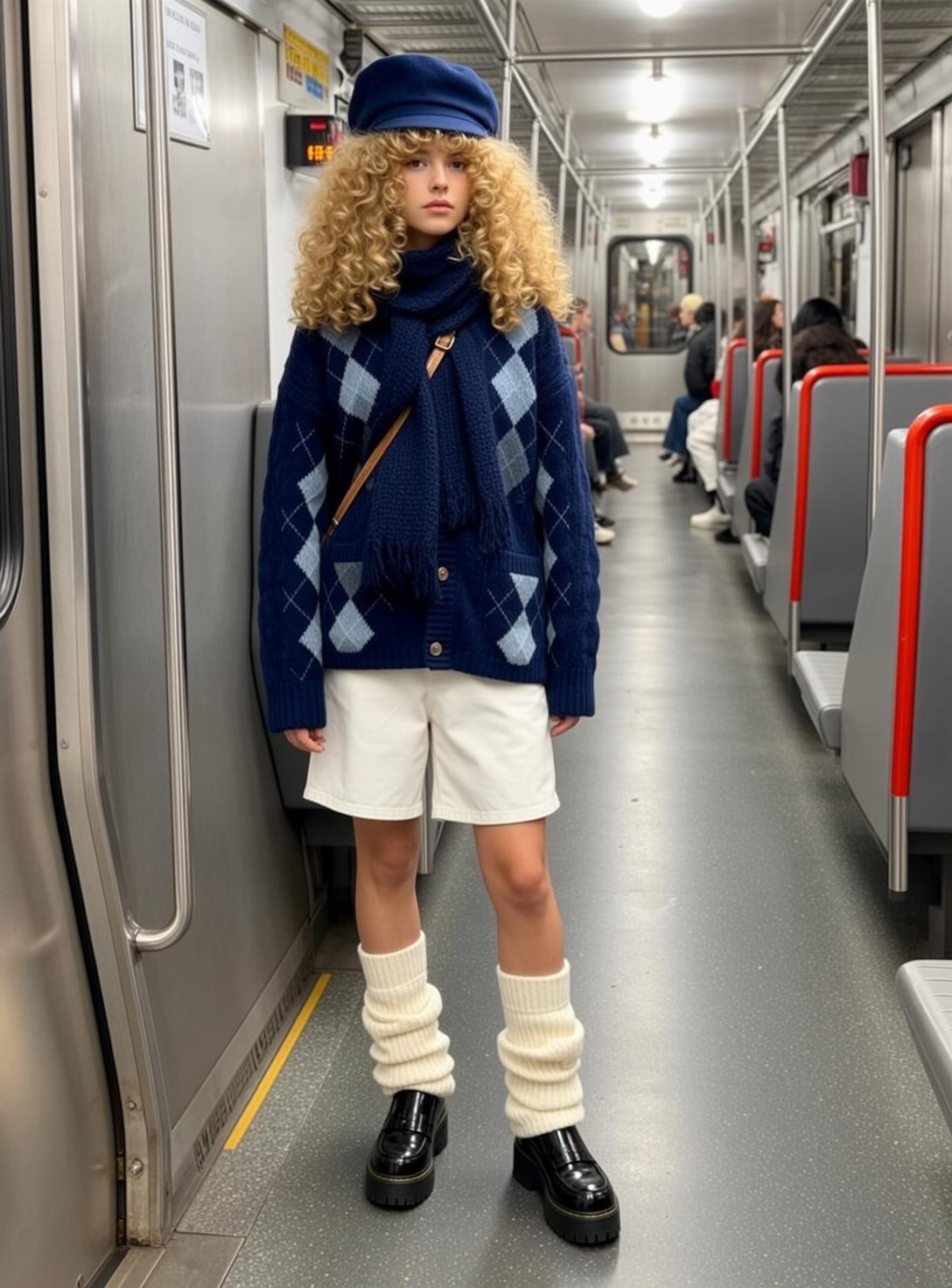 Navy Blue Scarf Navy Blue Argyle Inside Subway Train Gray