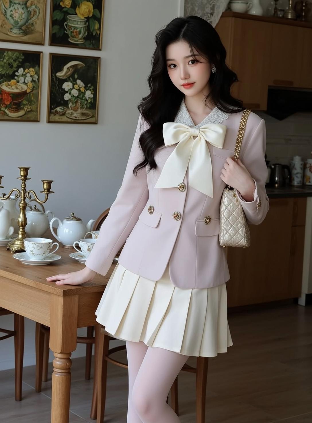 Pink Blazer Cream Skirt Wooden Table