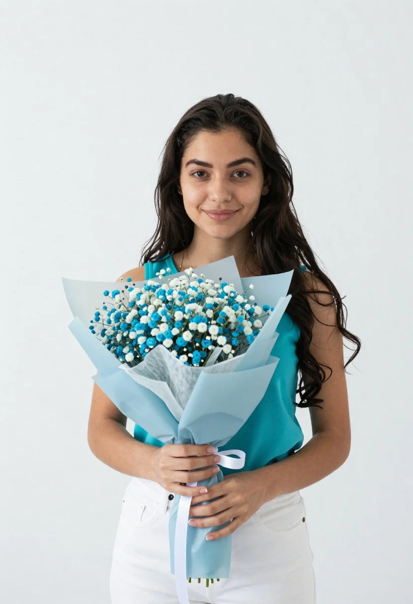 Young Woman With Long Dark Wavy Hair Stands Against Plain reference photo