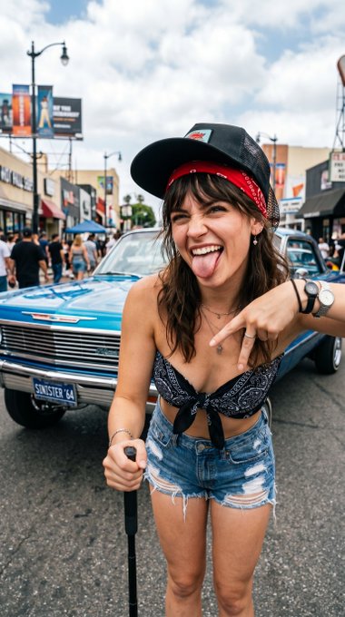 A woman striking a dynamic pose with a red bandana and casual streetwear, holding a selfie stick outdoors.