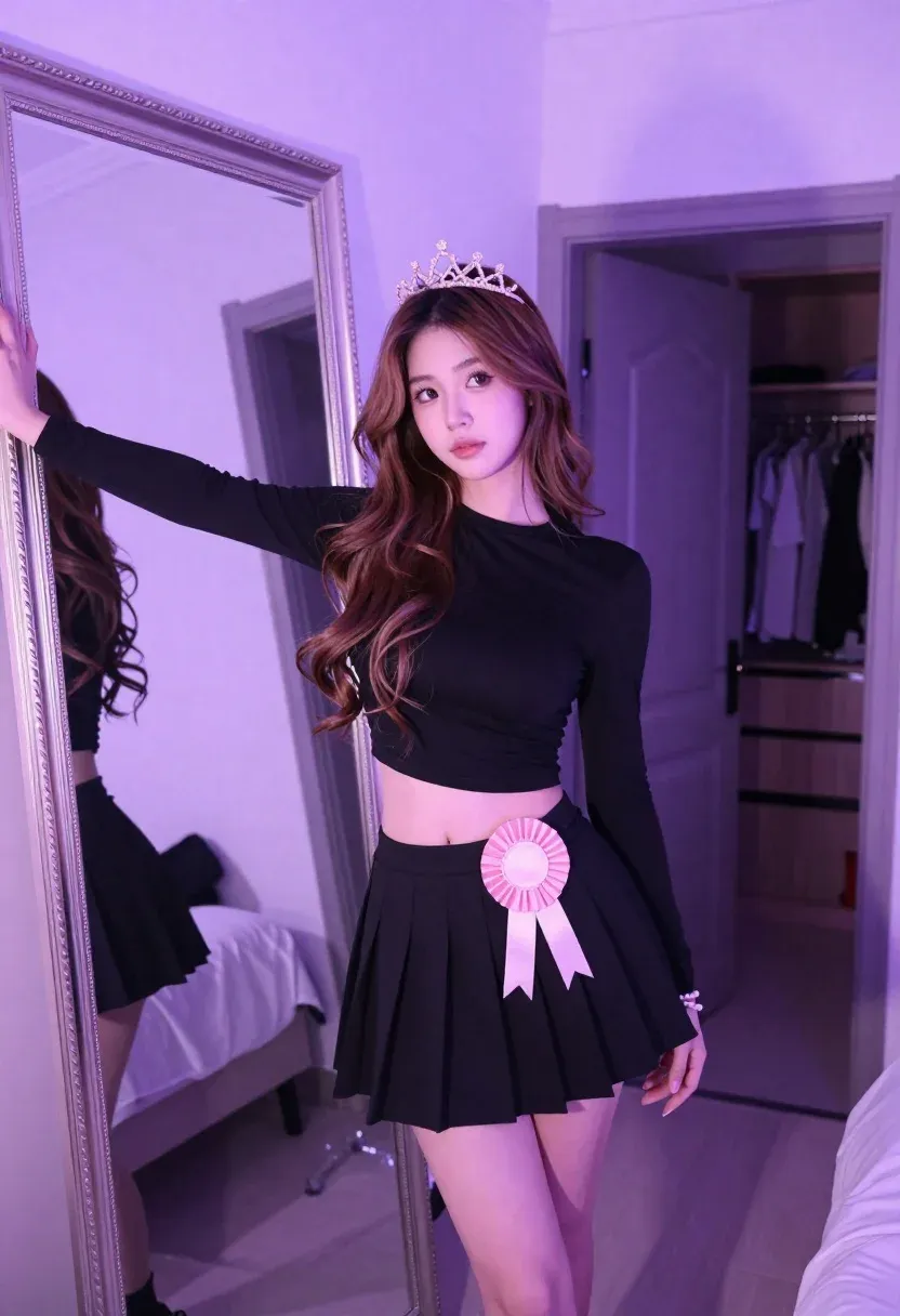 Young Woman With Long Wavy Brown Hair Stands Bedroom Wearing