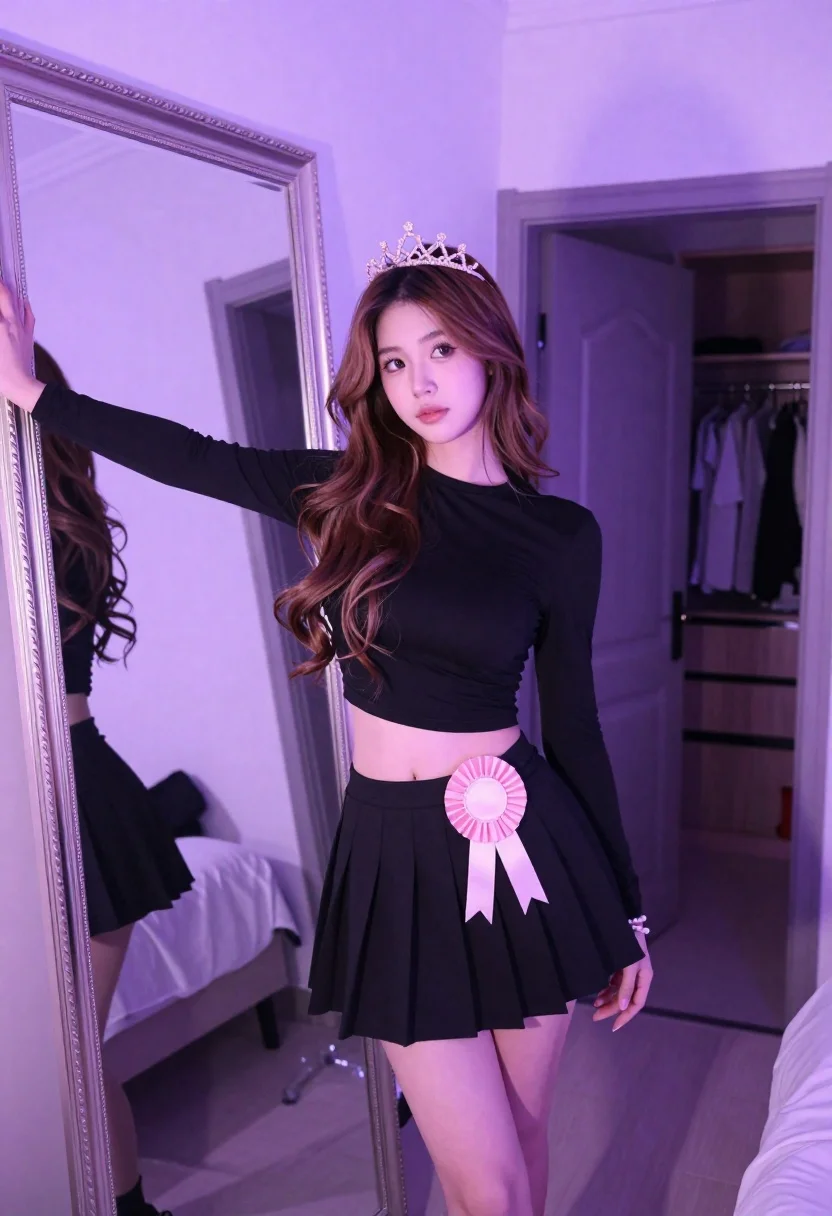 Young Woman With Long Wavy Brown Hair Stands Bedroom Wearing reference photo