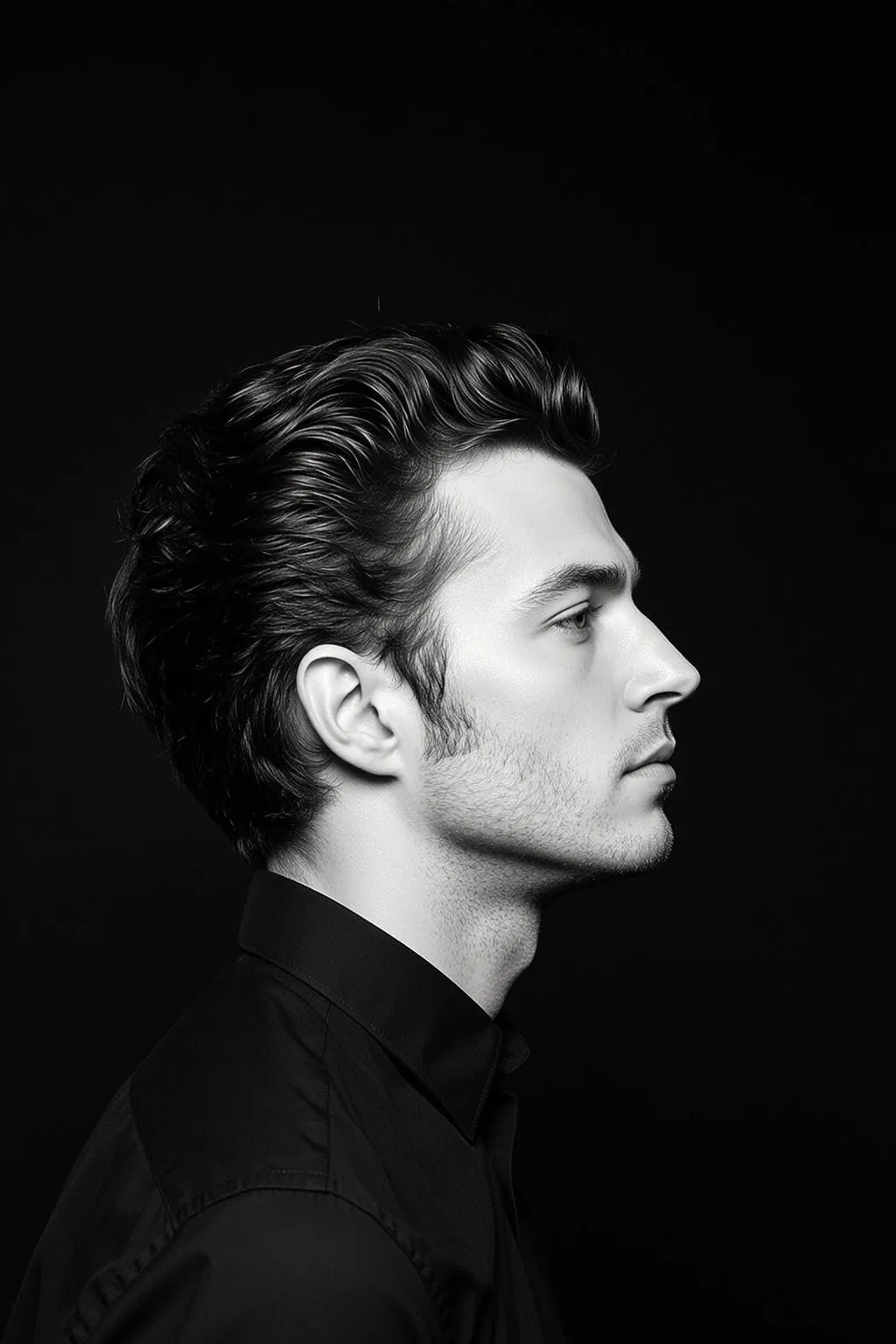 Photorealistic Black And White Medium Shot Portrait Young Man Profile