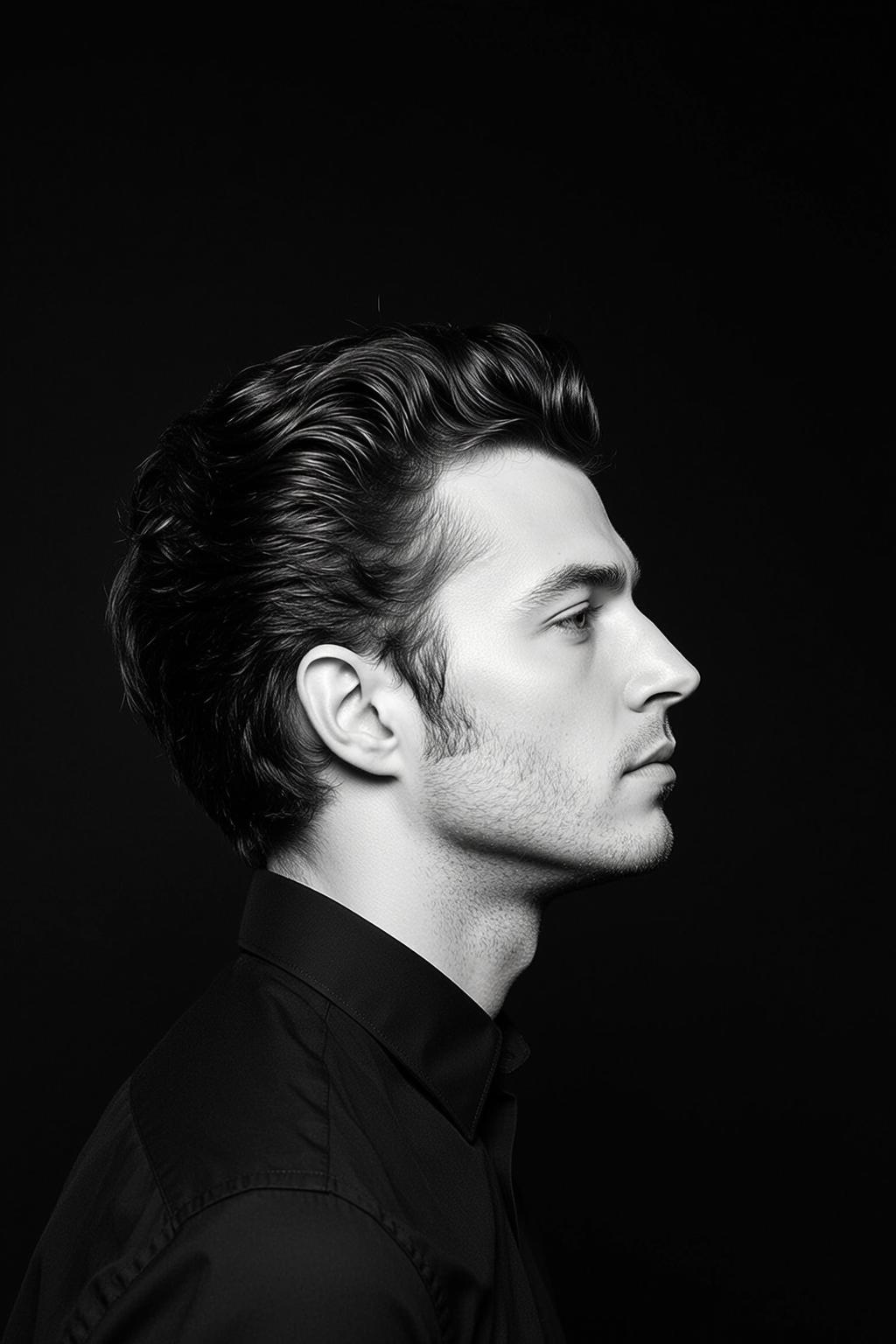 Photorealistic Black And White Medium Shot Portrait Young Man Profile